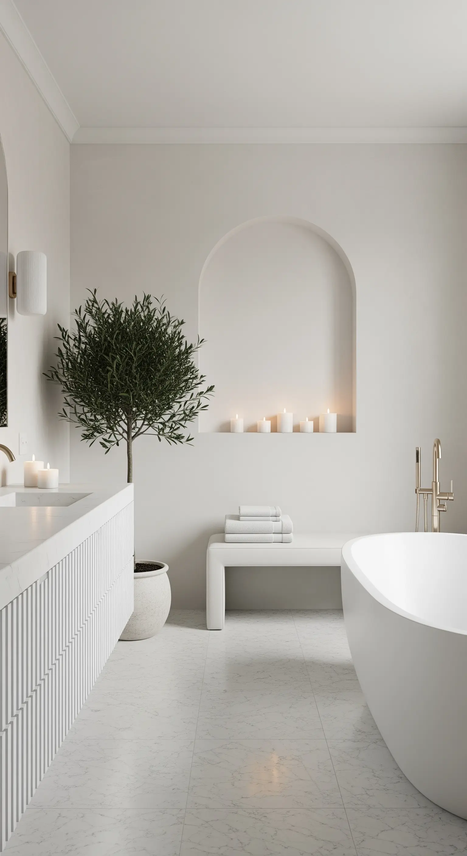 Minimalistisches weißes Badezimmer mit einer Bogennische und einem kleinen Olivenbaum.