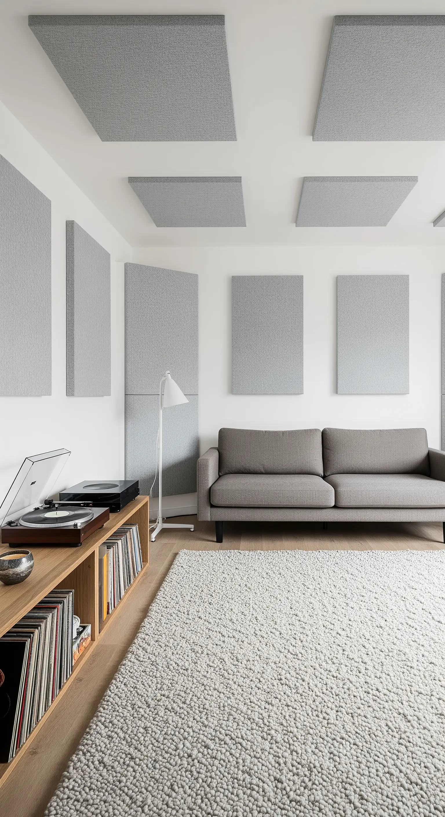 Wohnzimmer mit grauen Akustikpaneelen an Wand und Decke zur Schallabsorption.