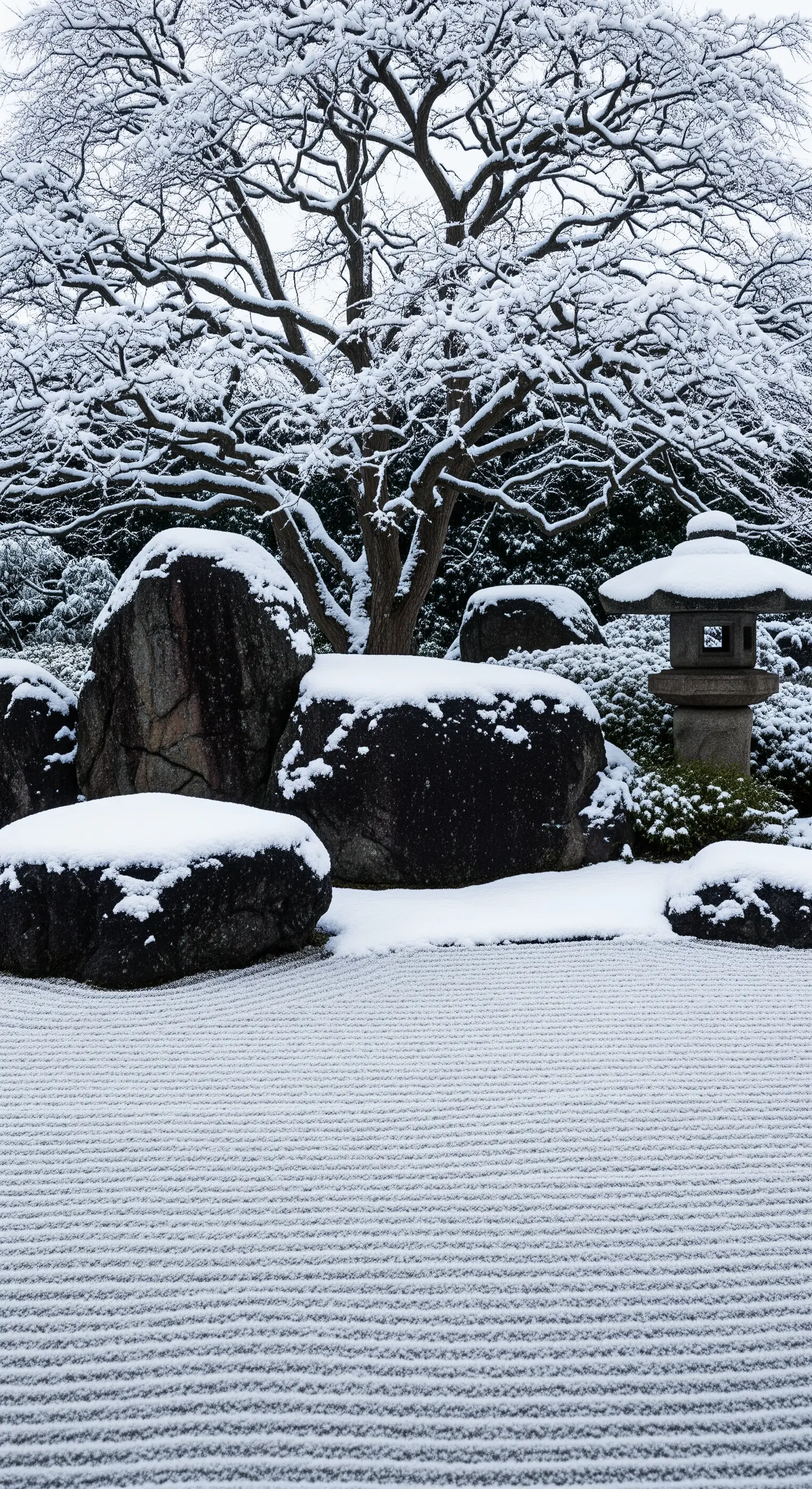 Japanischer Zen-Garten im Winter mit Schnee und geraden Sandmustern.