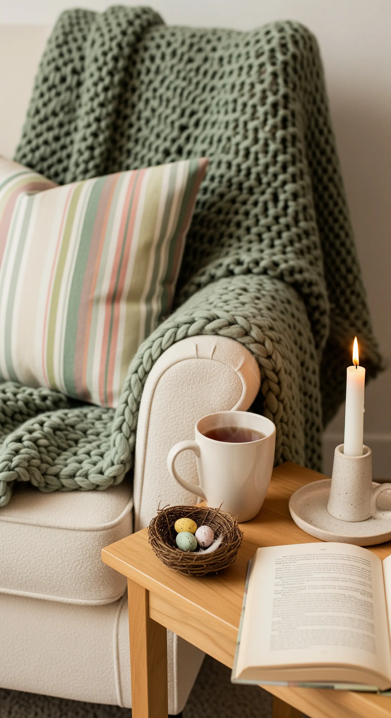 Gemütliche Leseecke mit Strickdecke und einem kleinen Osternest auf dem Beistelltisch.