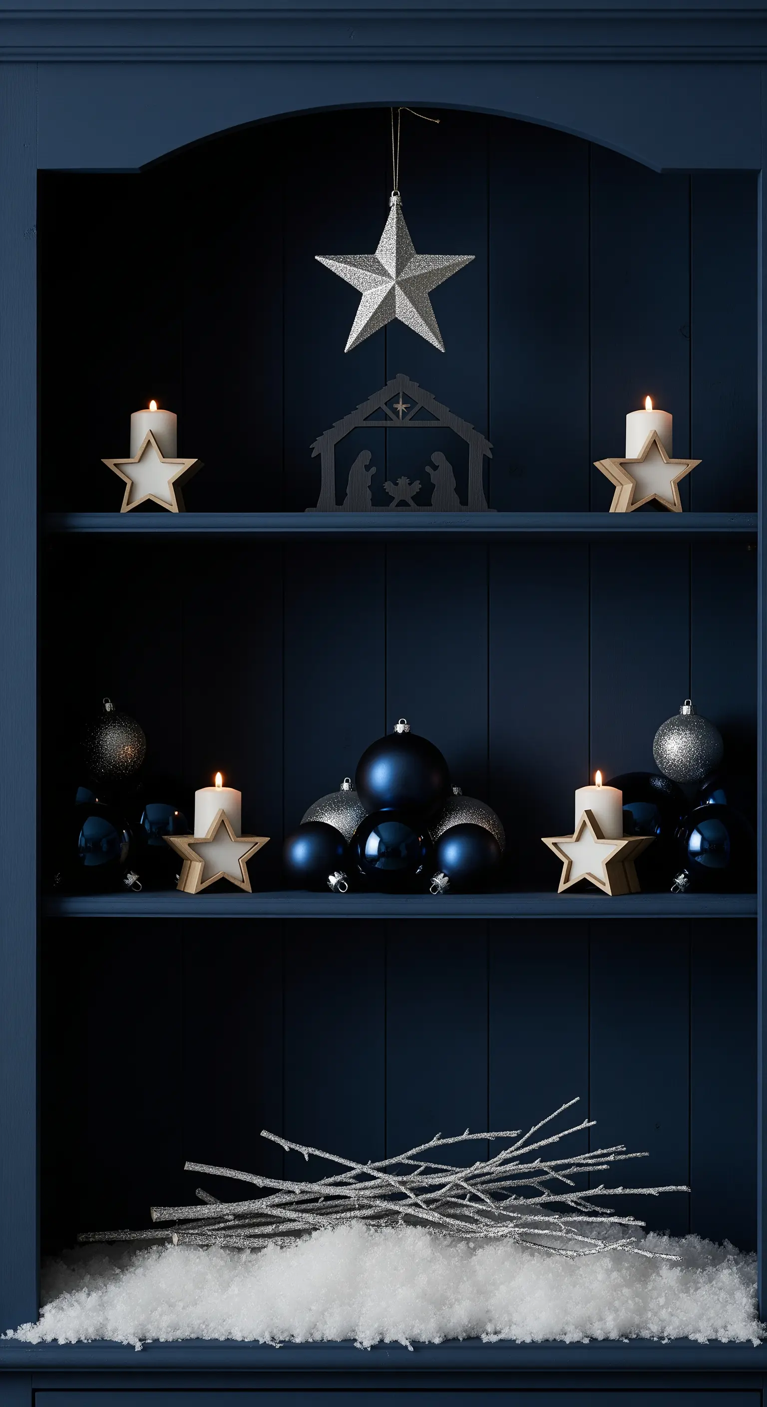 Dunkelblaues Regal mit silberner Krippe, blauen Kugeln und Stern-Kerzen