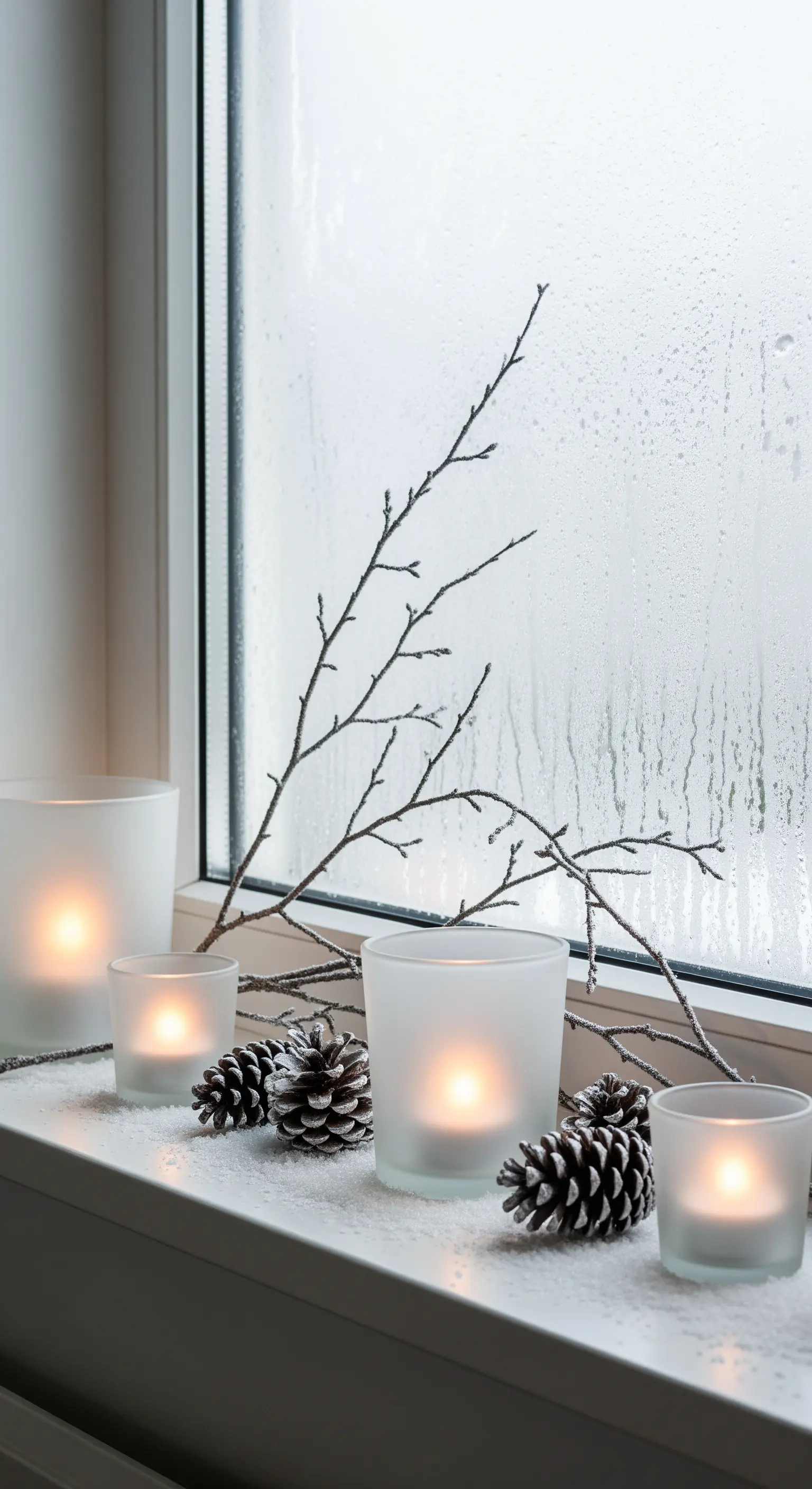 Kerzen in mattierten Gläsern, kombiniert mit verschneiten Zapfen und einem Ast.