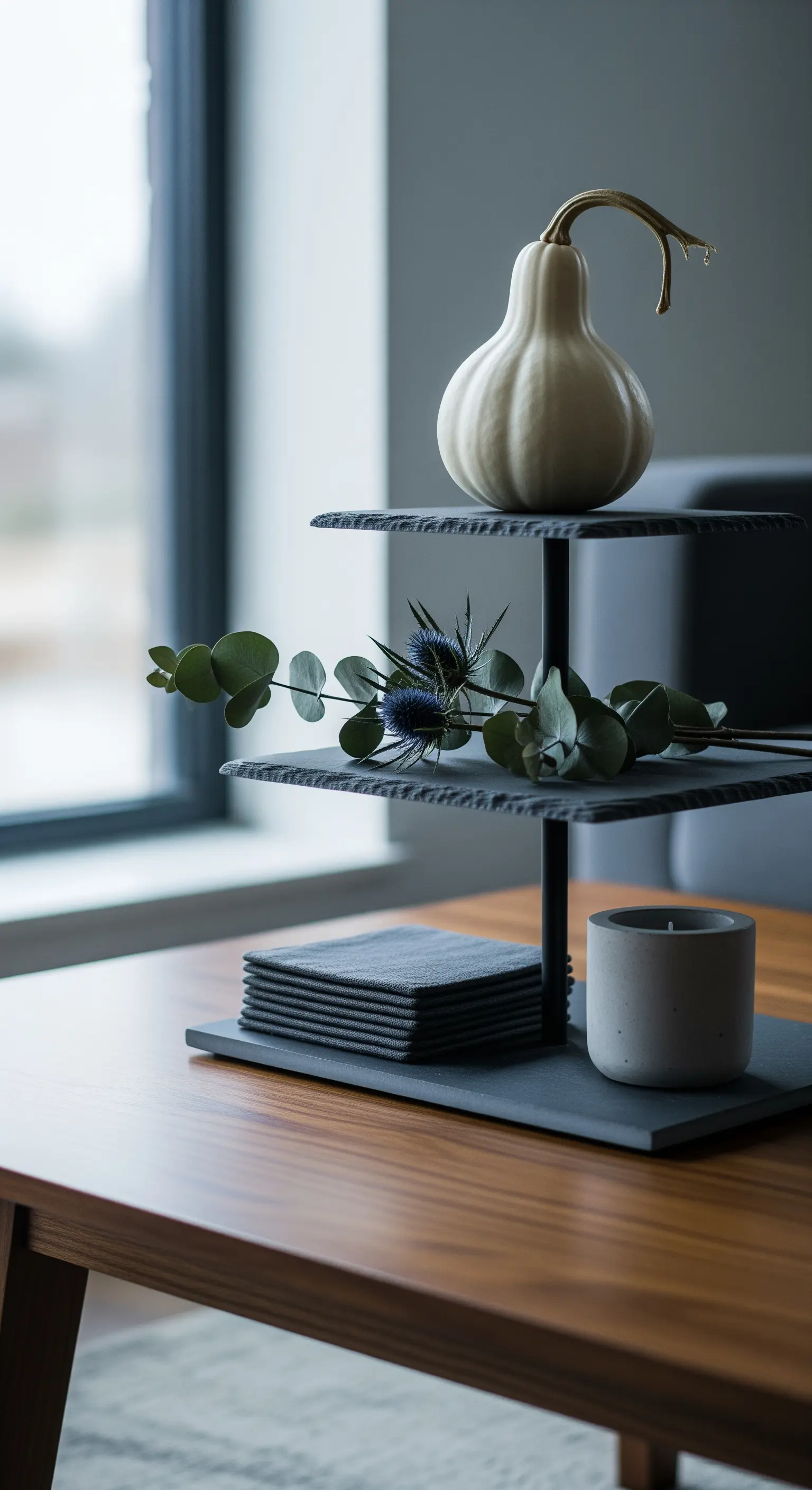 Moderne Schiefer-Etagere mit weißem Kürbis, Eukalyptus und einer Betonkerze