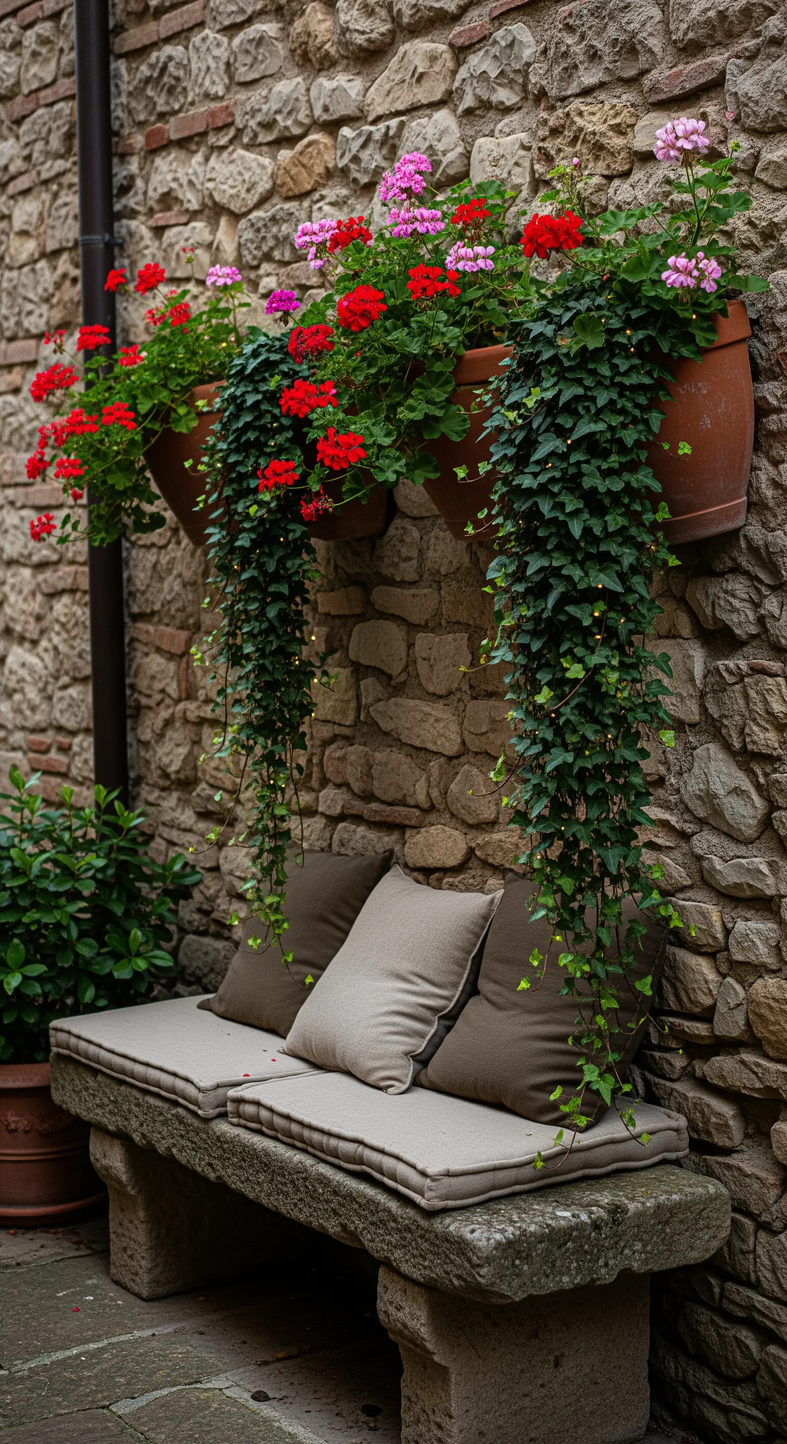 Rustikale Steinbank unter hängenden Geranien und Efeu vor einer Natursteinwand.