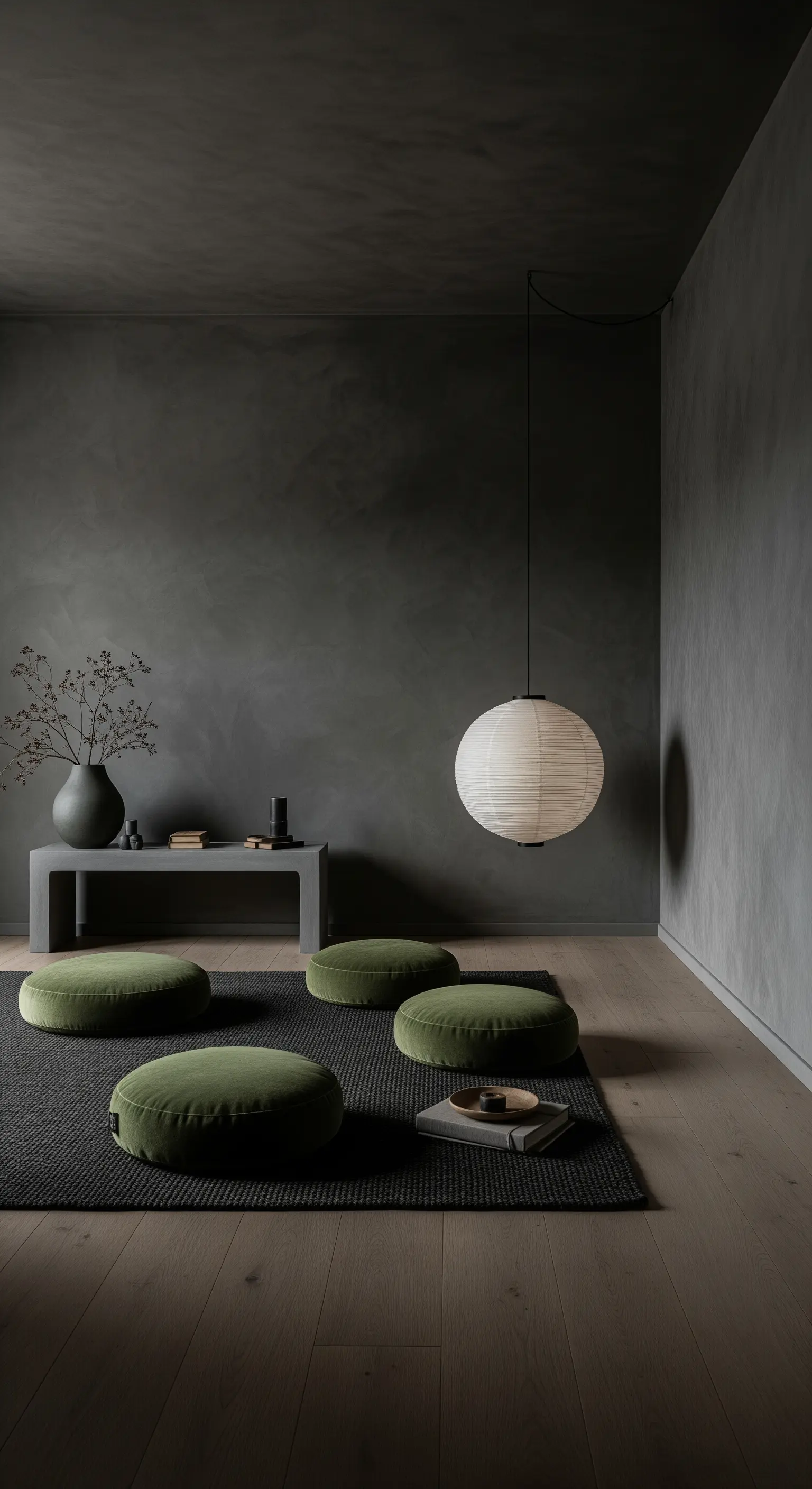 Minimalistischer Raum im Japandi-Stil mit olivgrünen Samt-Bodenkissen und einer Papierlaterne