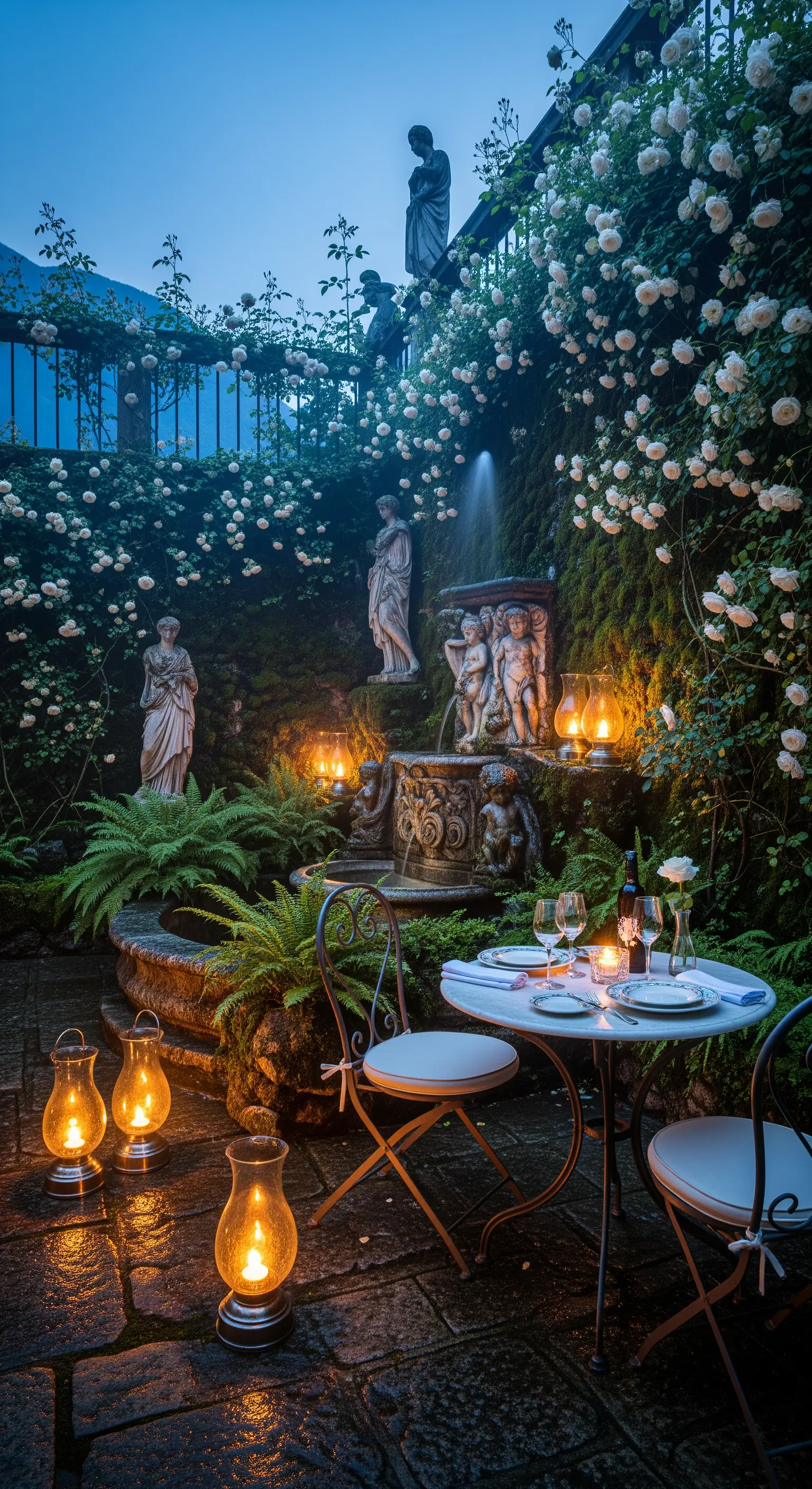 Romantischer Garten mit Brunnen, Statuen und Laternen bei Dämmerung
