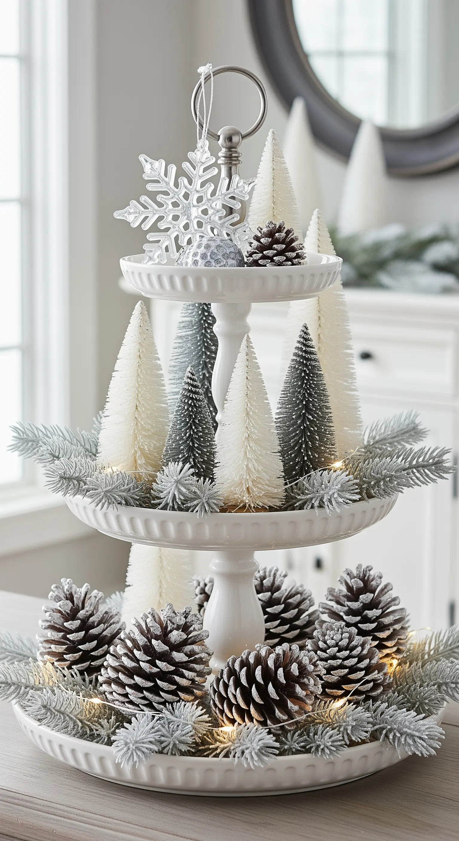 Weiße Etagere als Winterlandschaft mit Mini-Tannenbäumen, Zapfen und Lichterkette