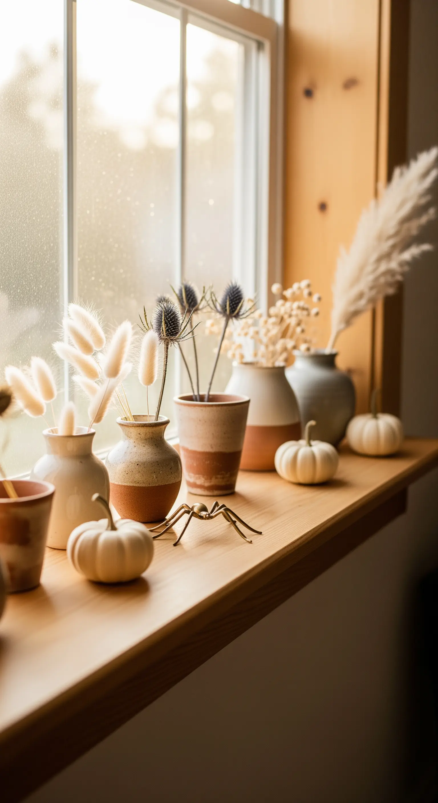 Fensterbank mit Keramikvasen, Trockenblumen, weißen Kürbissen und goldener Spinne.