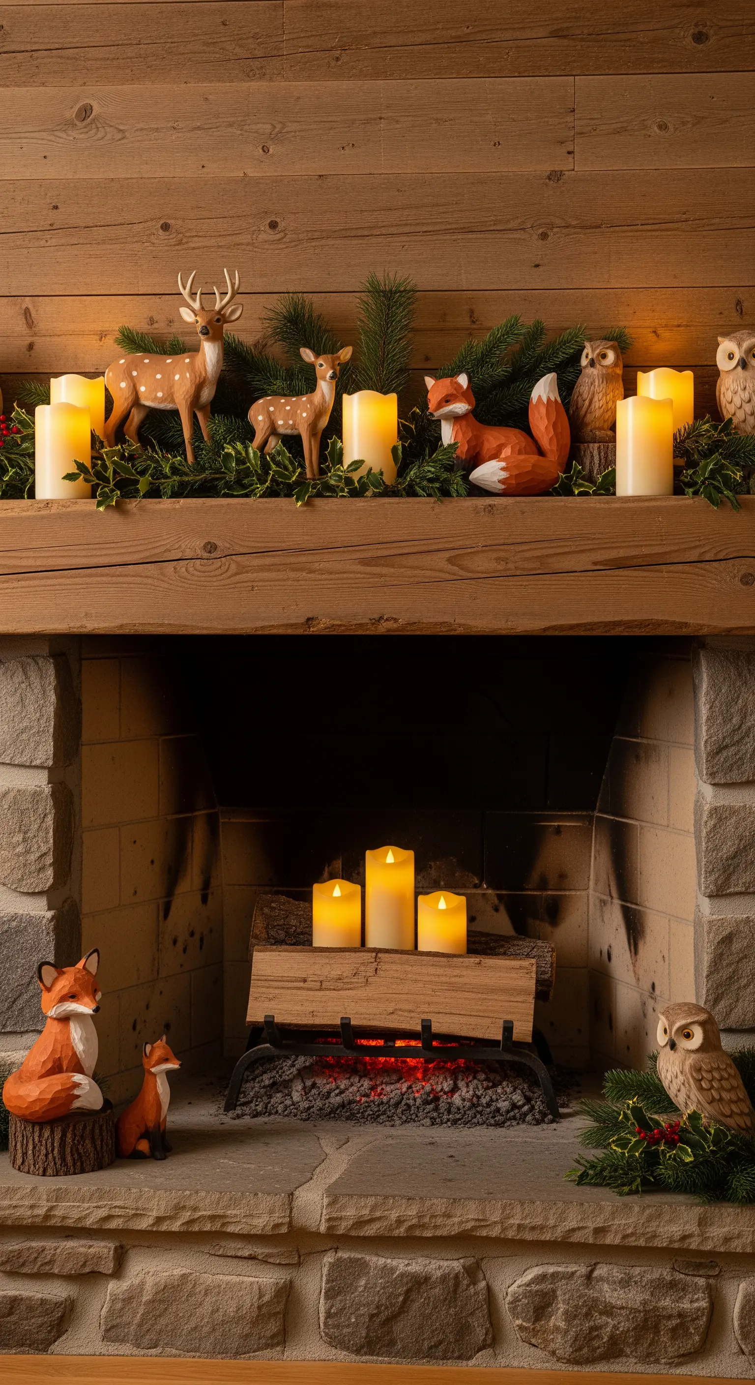 Holzschnitzfiguren von Waldtieren und LED-Kerzen auf einem rustikalen Kamin.