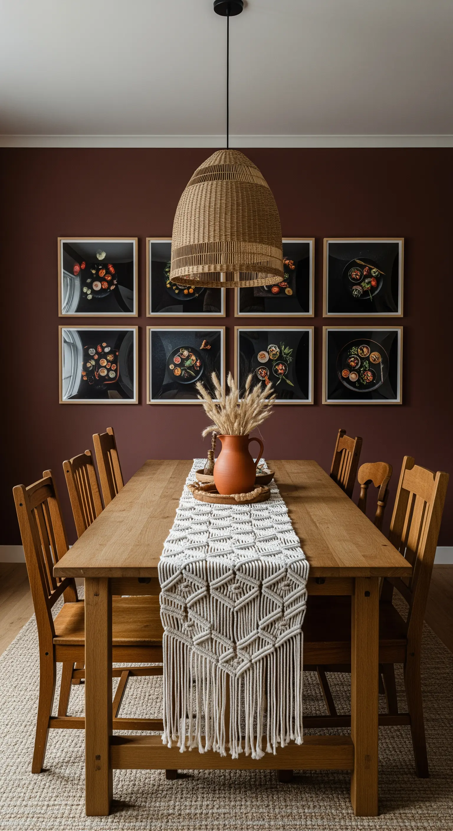 Esszimmer mit burgunderroter Wand und einer symmetrisch gehängten Serie von Stillleben-Fotos.