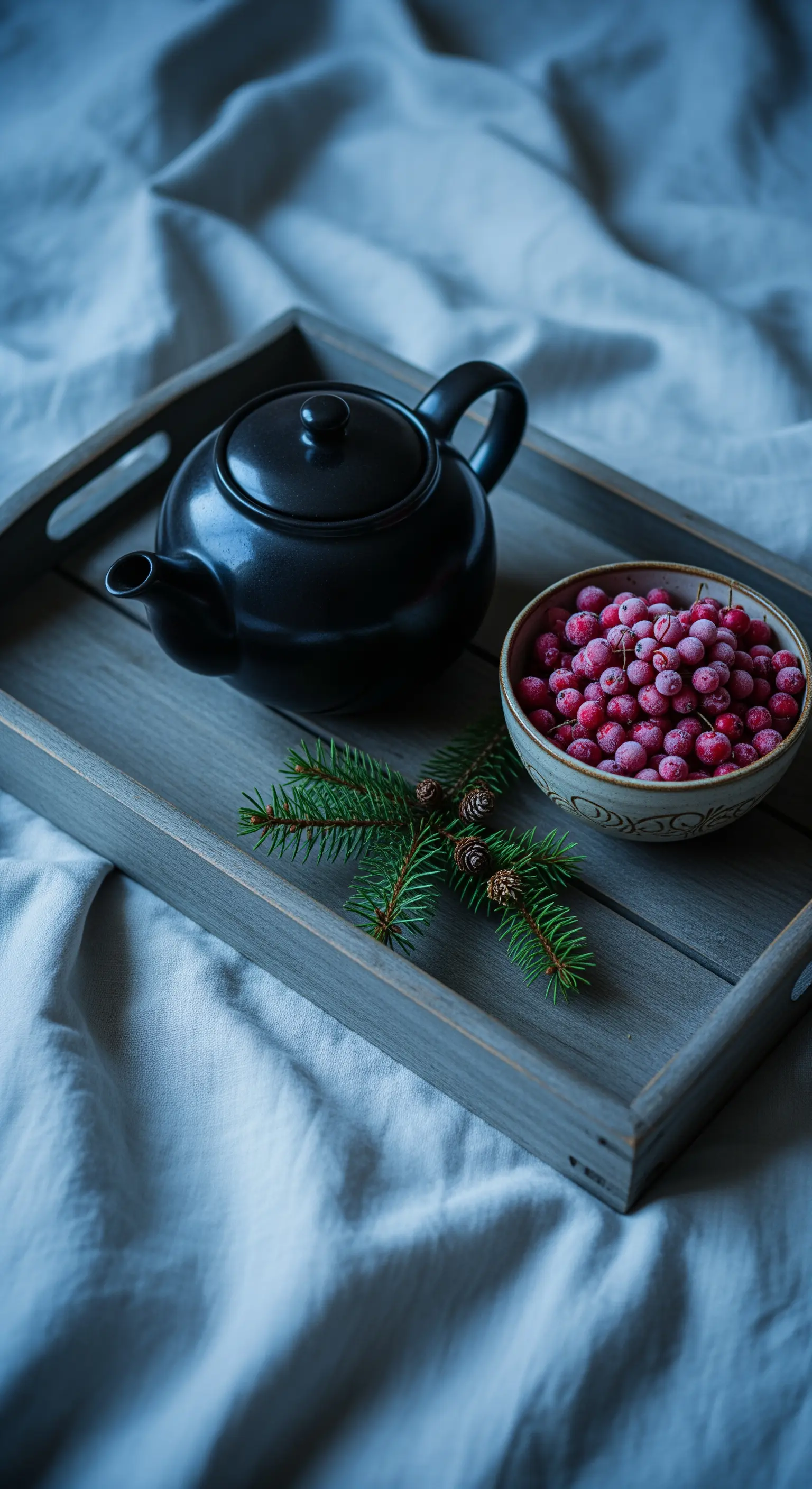 Schwarze Teekanne, Schale mit Beeren und Tannenzweig auf Holztablett im Bett