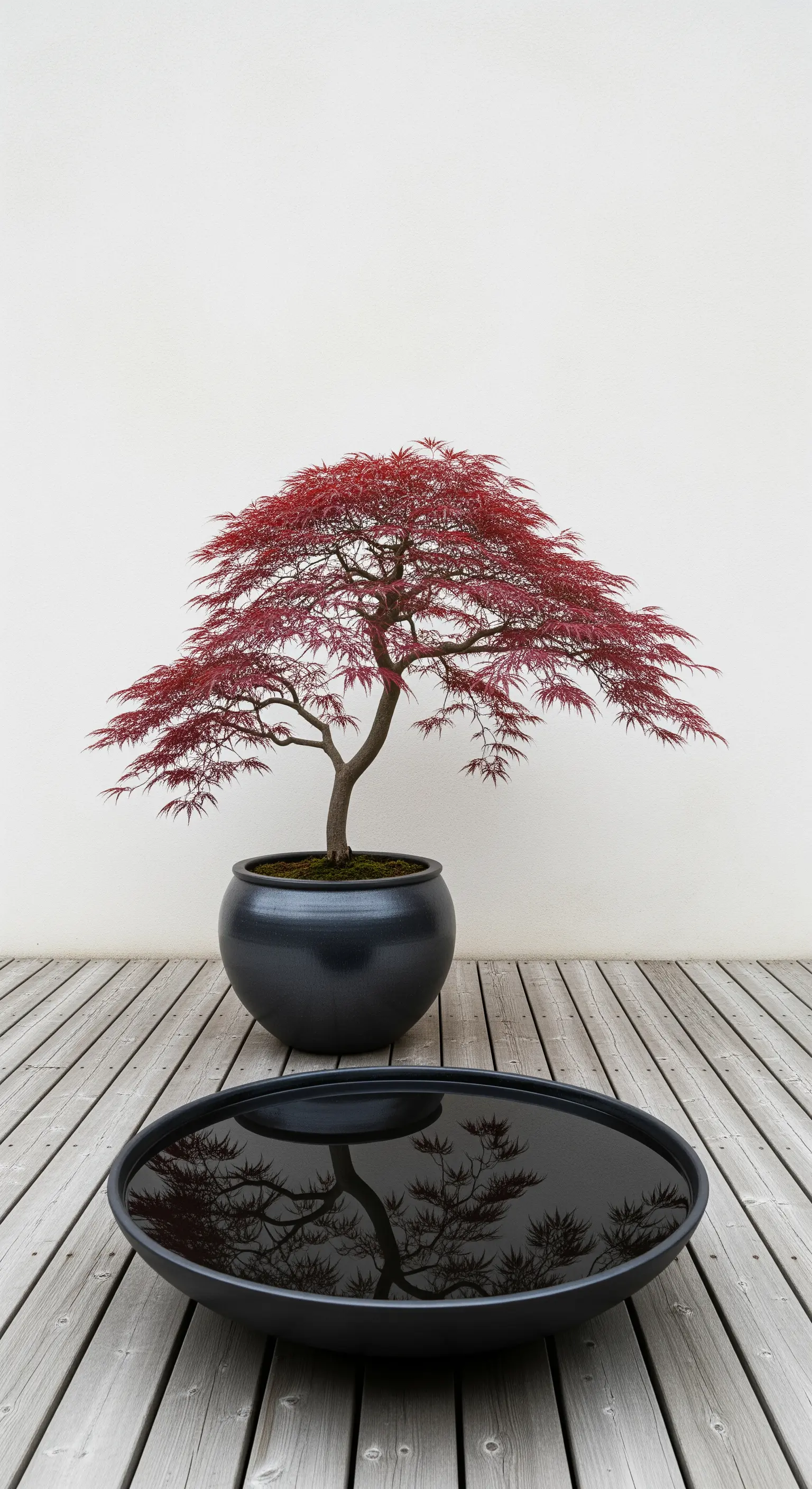 Roter japanischer Ahorn in einem Topf neben einer spiegelnden Wasserschale auf einem Holzdeck.
