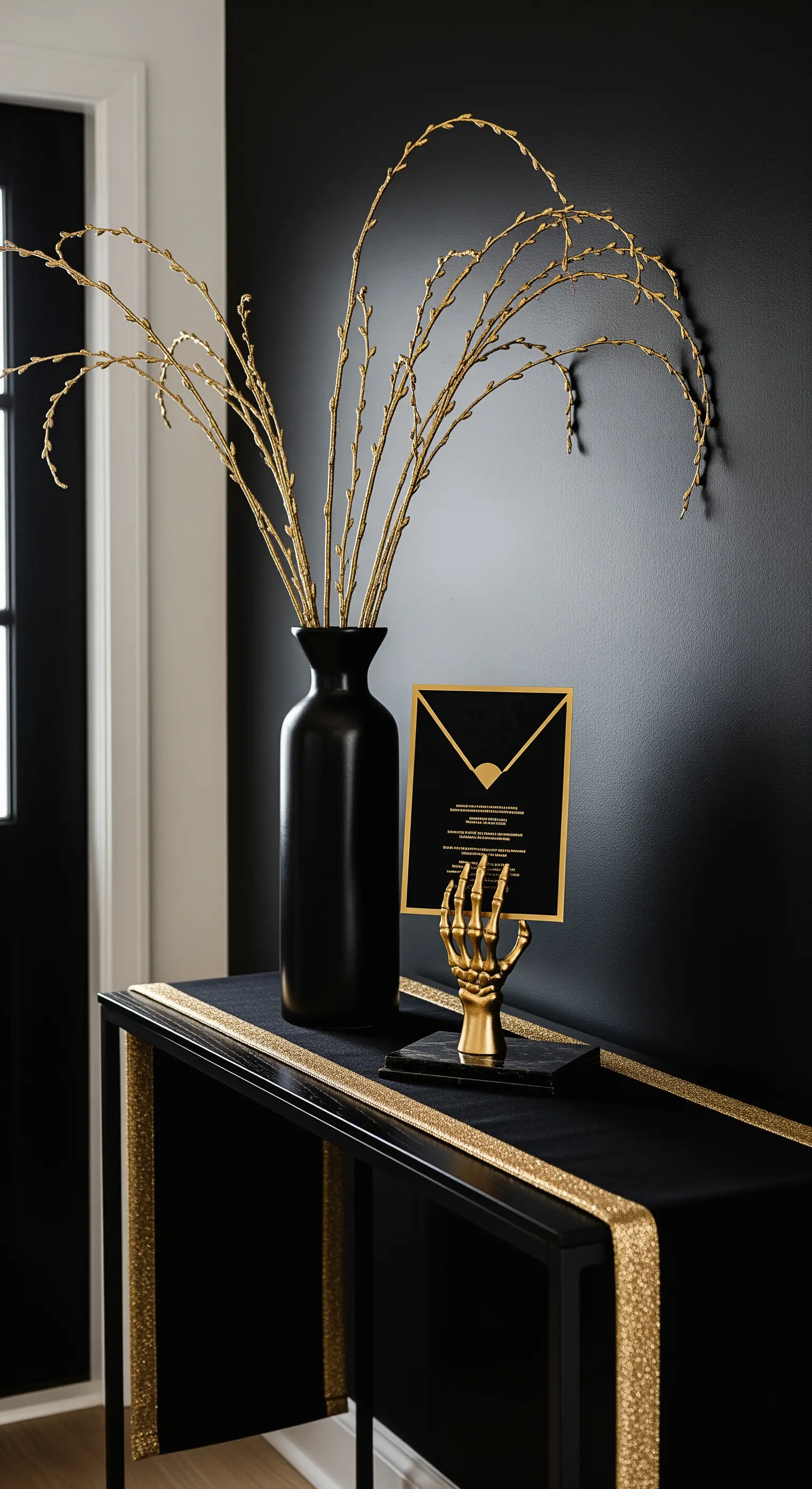 Schwarze Konsole mit goldenen Zweigen und Skeletthand im Eingangsbereich