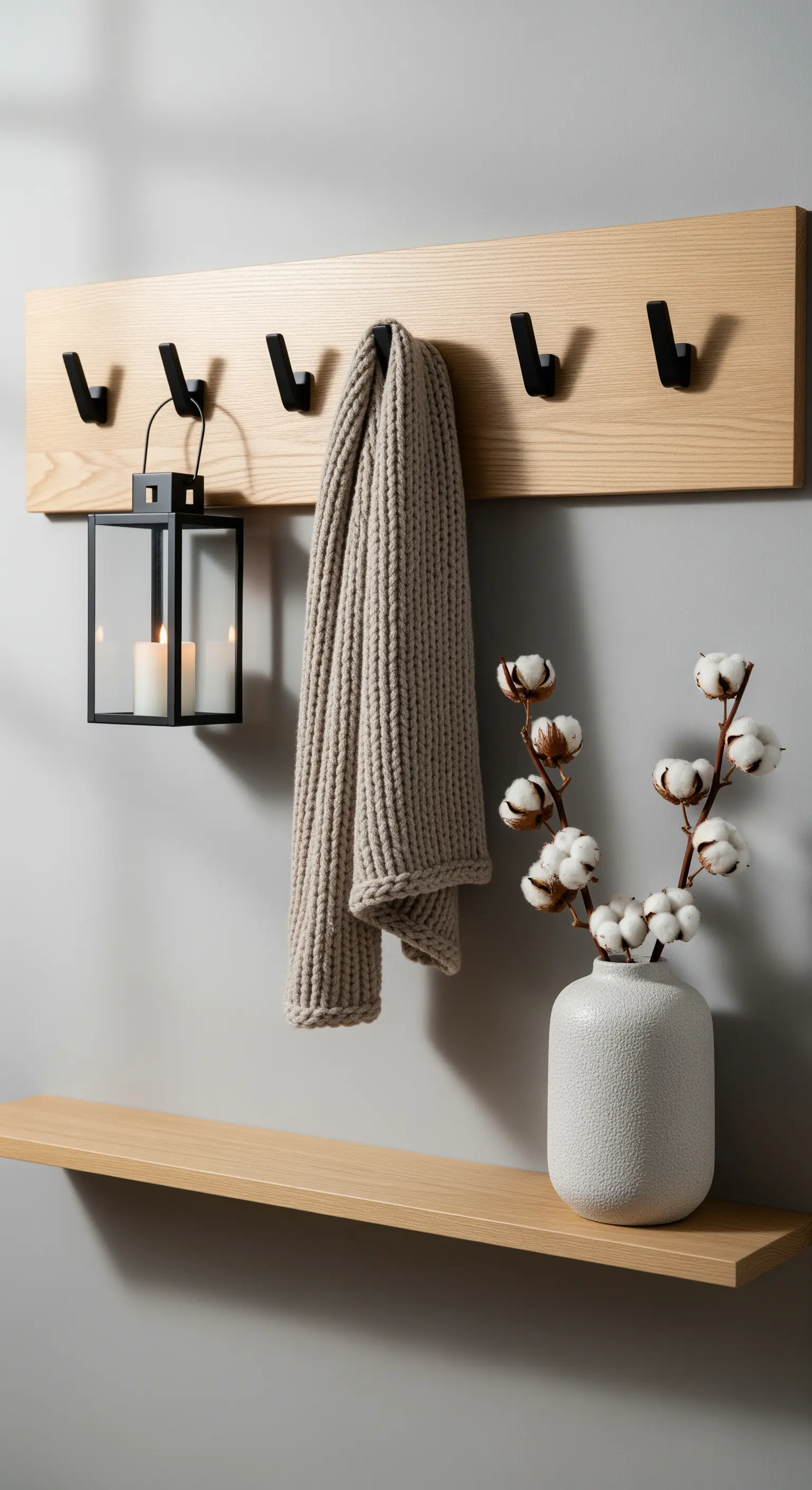 Holzgarderobe mit schwarzen Haken, Schal, Laterne, Baumwollzweige in Vase