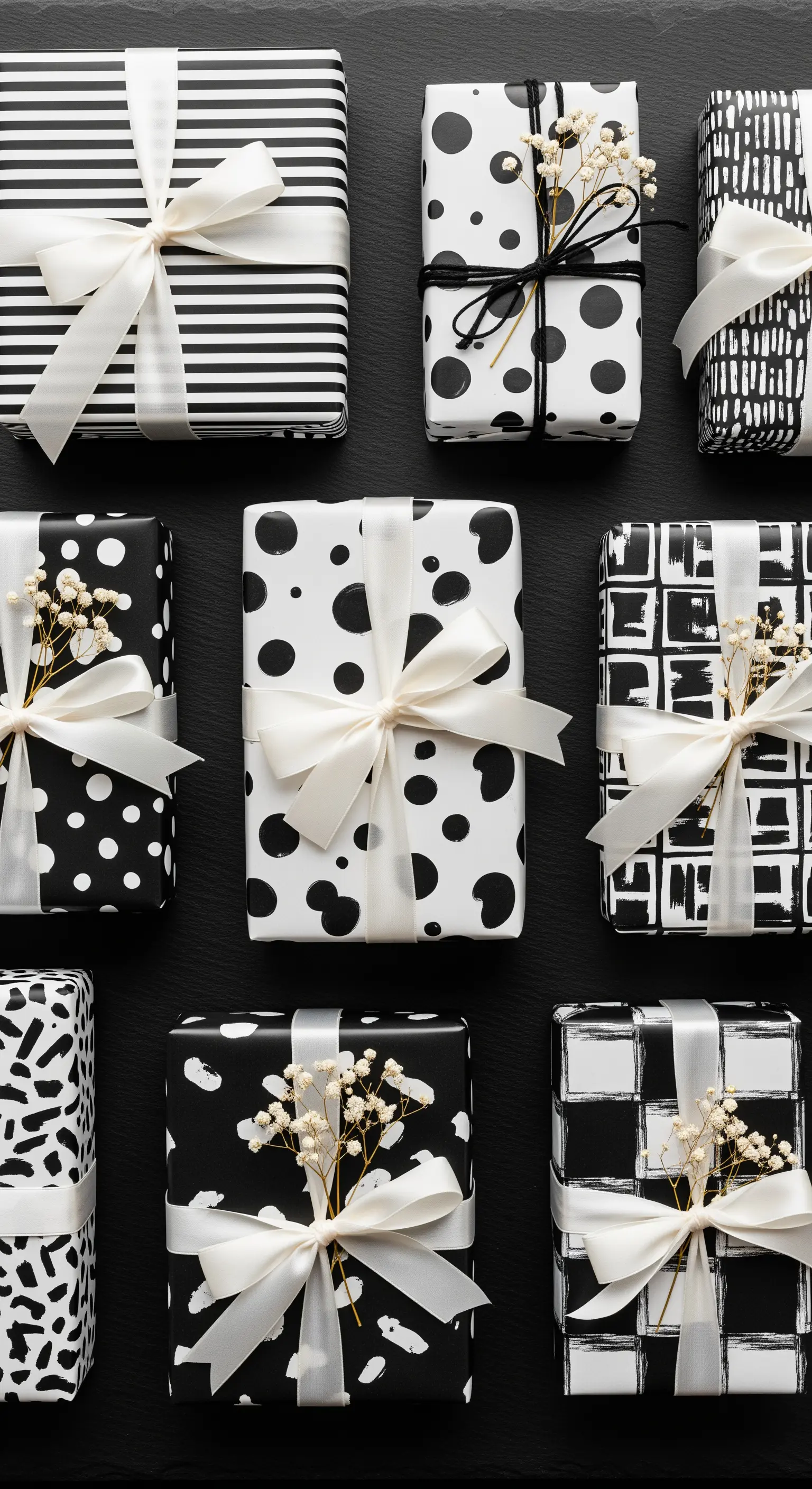 Kreativ verpackte Geschenke in Schwarz-Weiß mit Mustermix und zarten Bändern.
