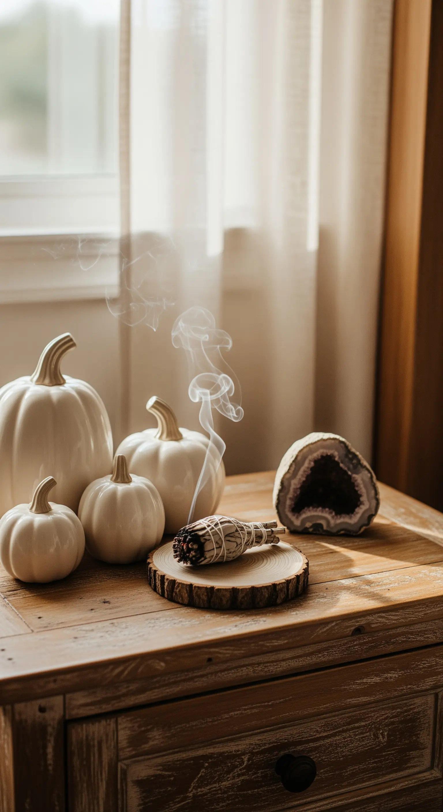 Herbstliche Deko mit weißen Kürbissen, Salbei und Geode auf Holztisch