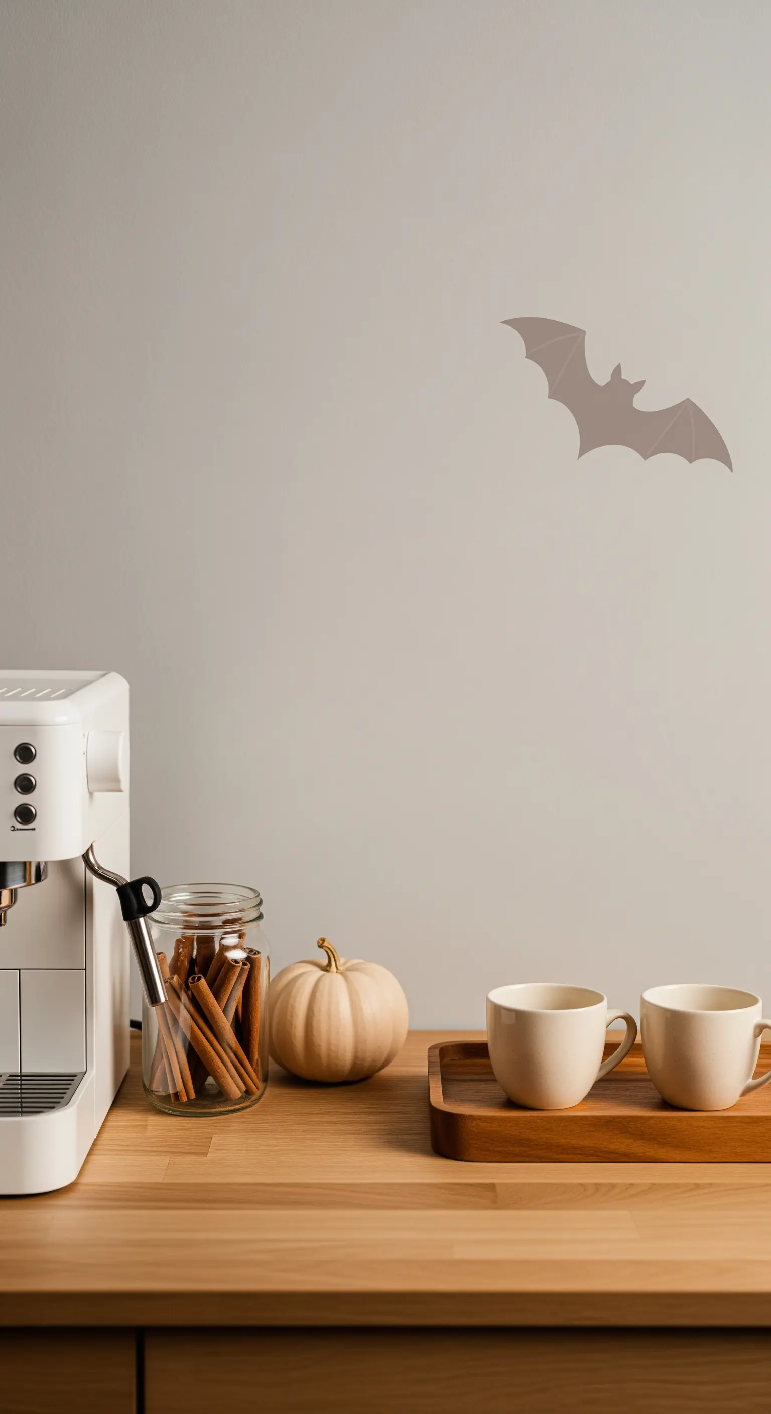 Kaffee-Ecke mit Espressomaschine, Zimt, beigem Kürbis und Fledermaus-Wandtattoo.