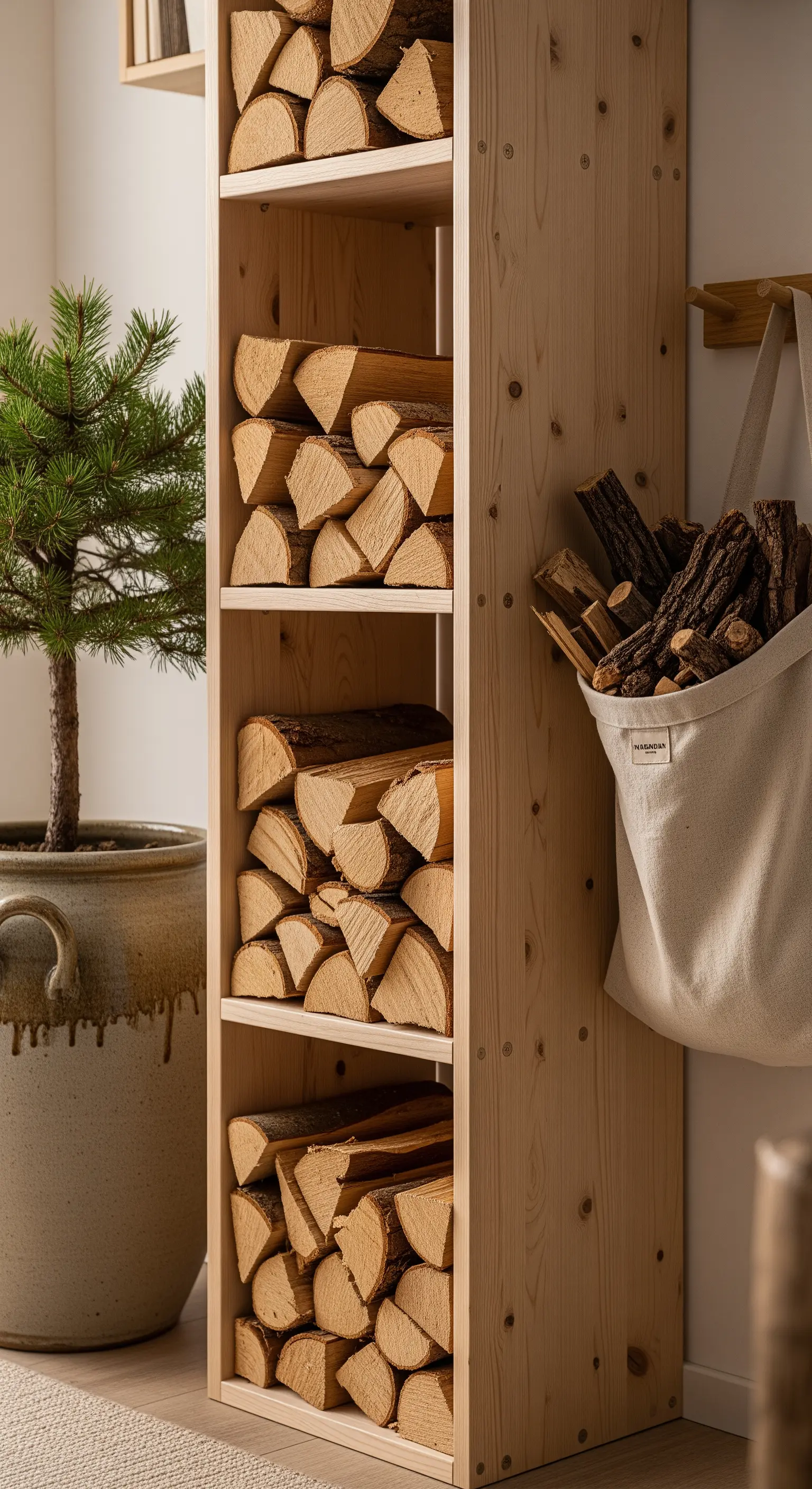 Holzregal mit Kaminholz, Zimmerpflanze und Leinentasche