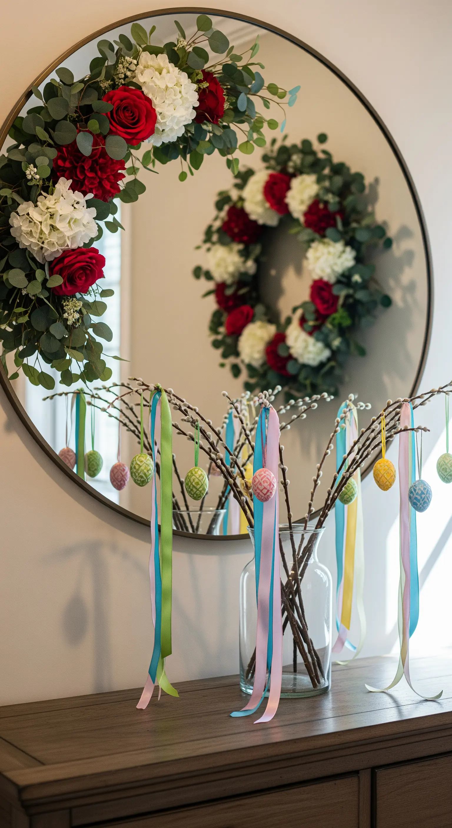 Konsole mit rundem Spiegel, Weidenkätzchen, Ostereiern und floralem Halb-Kranz.