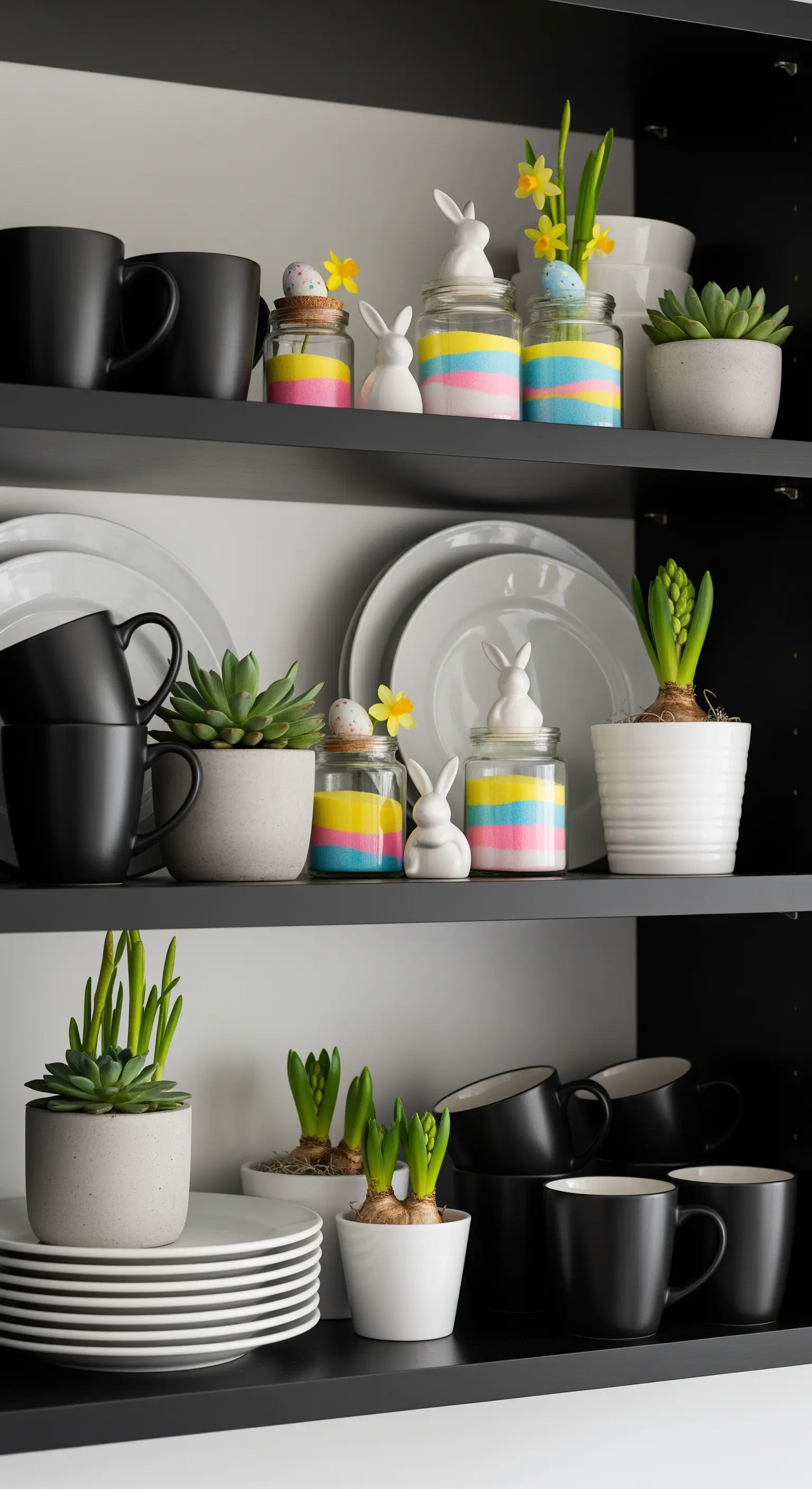 Offenes Regal mit Osterdeko: Schichtsanden, Hasen, Pflanzen, Geschirr