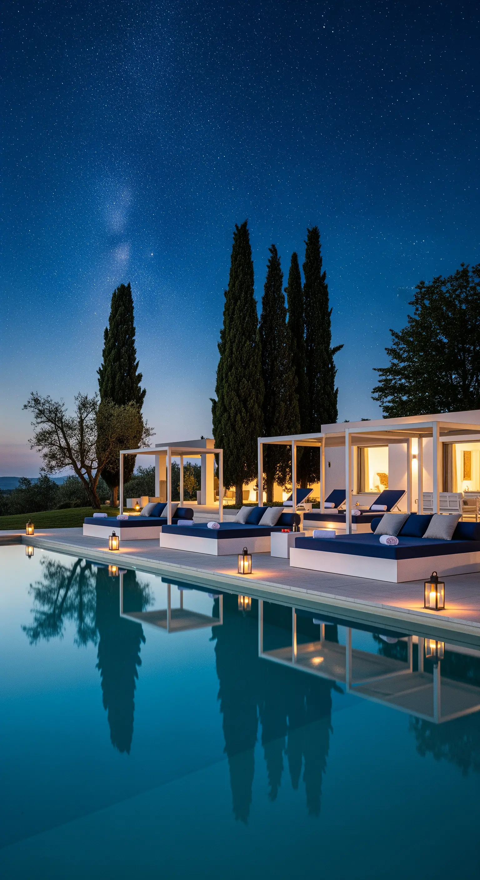 Poolbereich bei Nacht mit Daybeds, Laternen, Zypressen und Sternenhimmel