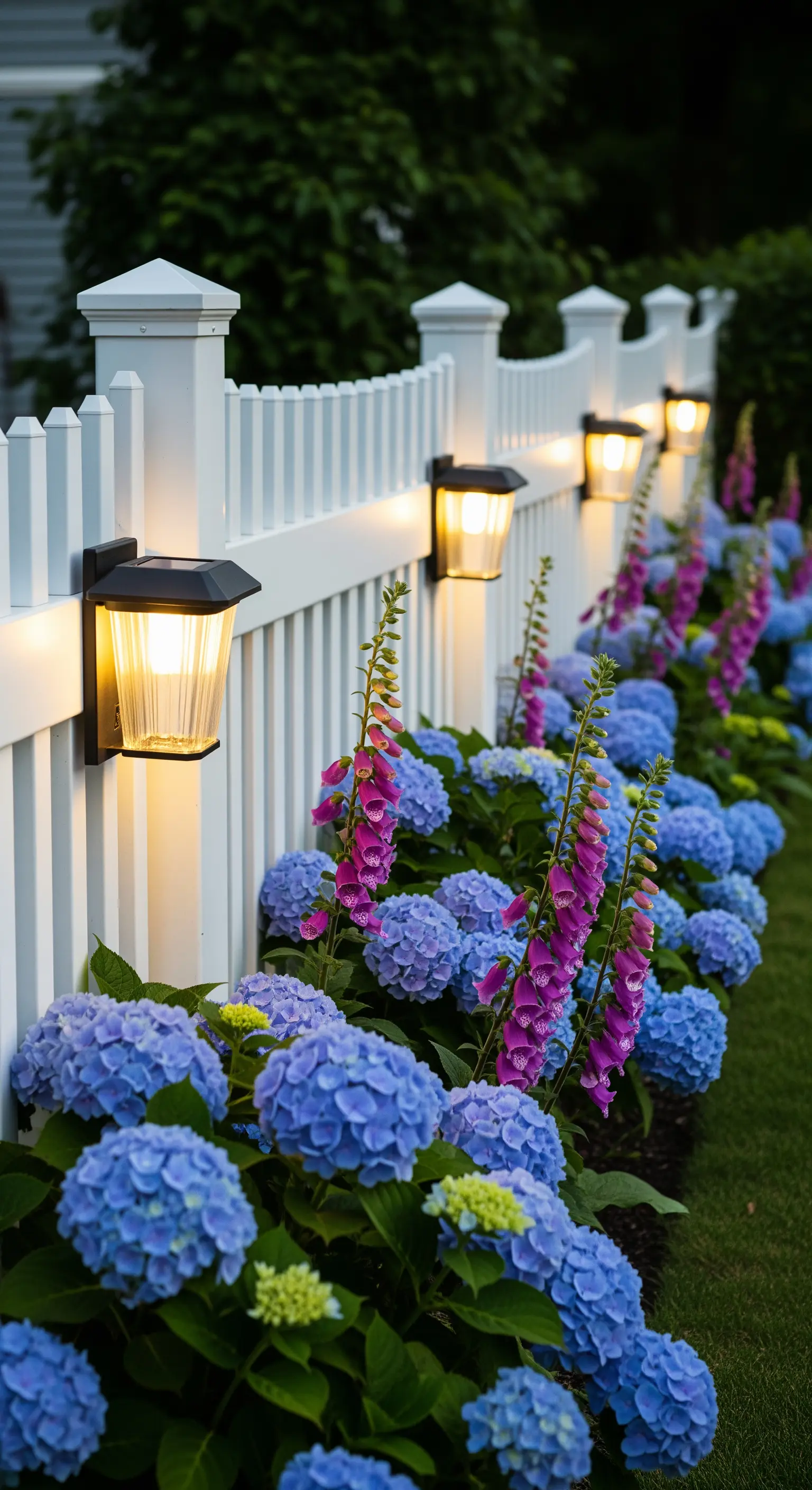Weißer Zaun mit Solar-Laternen und leuchtend blauen Hortensien.