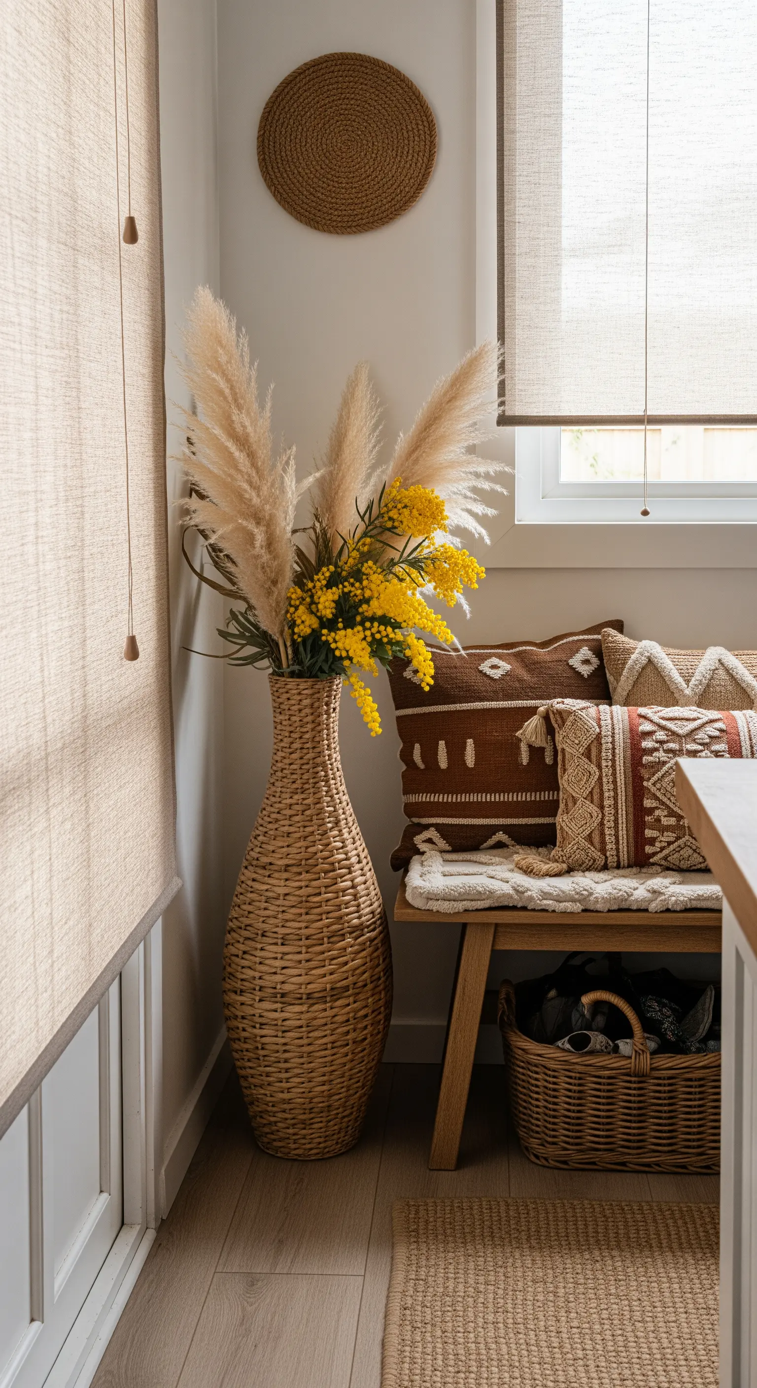 Hohe Rattanvase mit Pampasgras und Mimosen neben einer Sitzbank