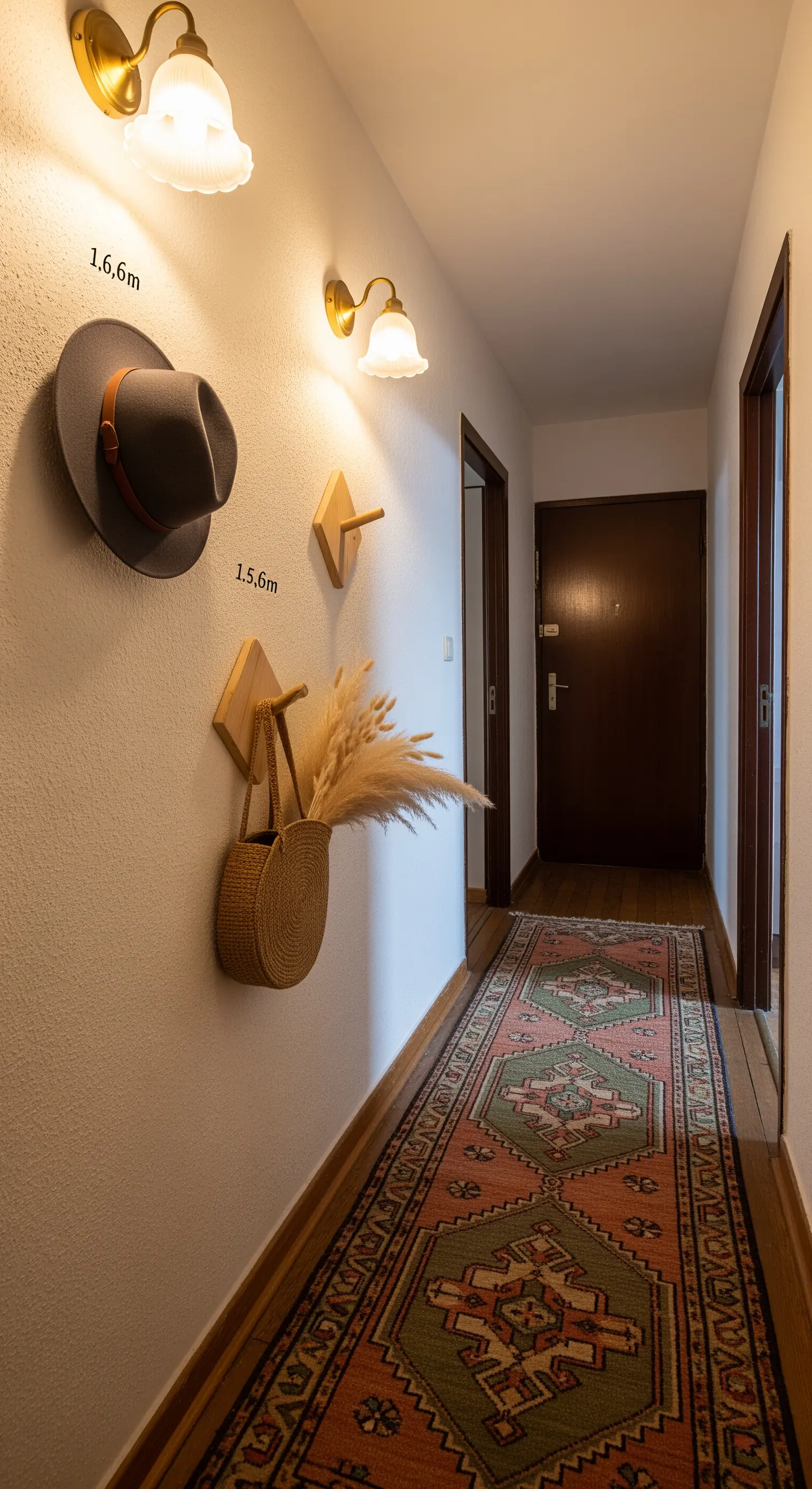 Flur mit Wandhaken, Hut, Korbtasche mit Pampasgras, gemusterter Teppich.