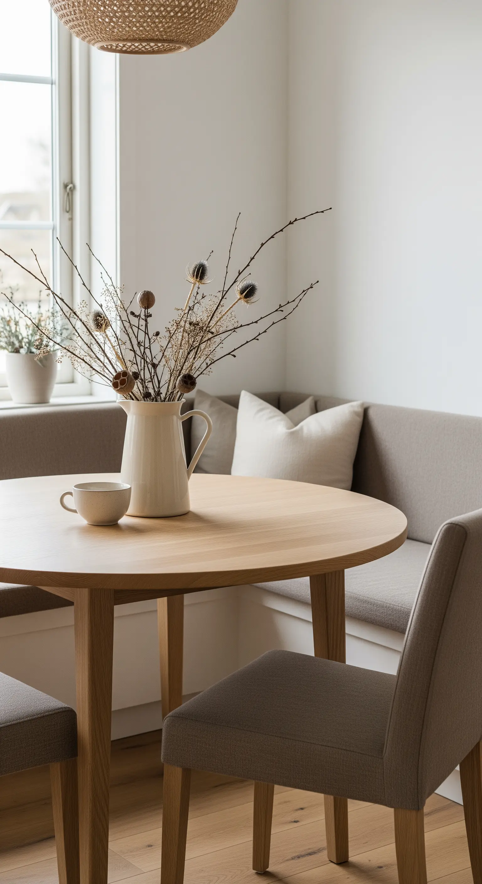 Frühstücksecke mit Holztisch, Bank und getrockneten Zweigen