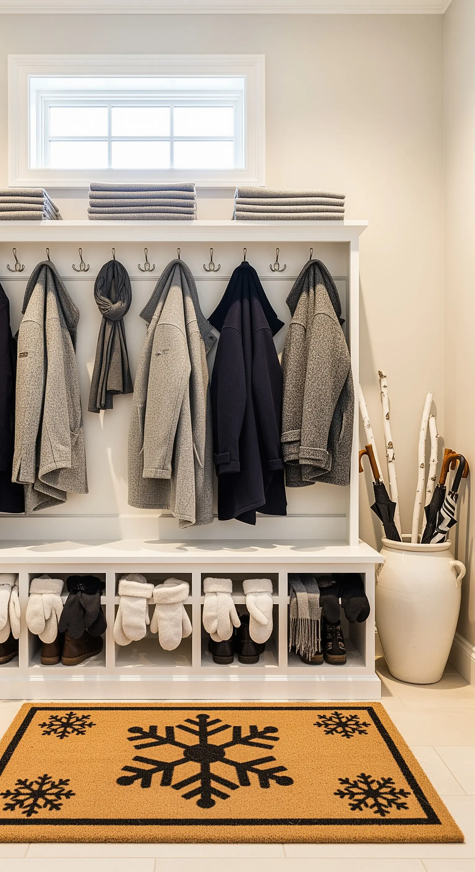 Eingangsbereich mit Garderobenbank, Mänteln, Mützen, Schirmen und Schneeflocken-Fußabtreter.