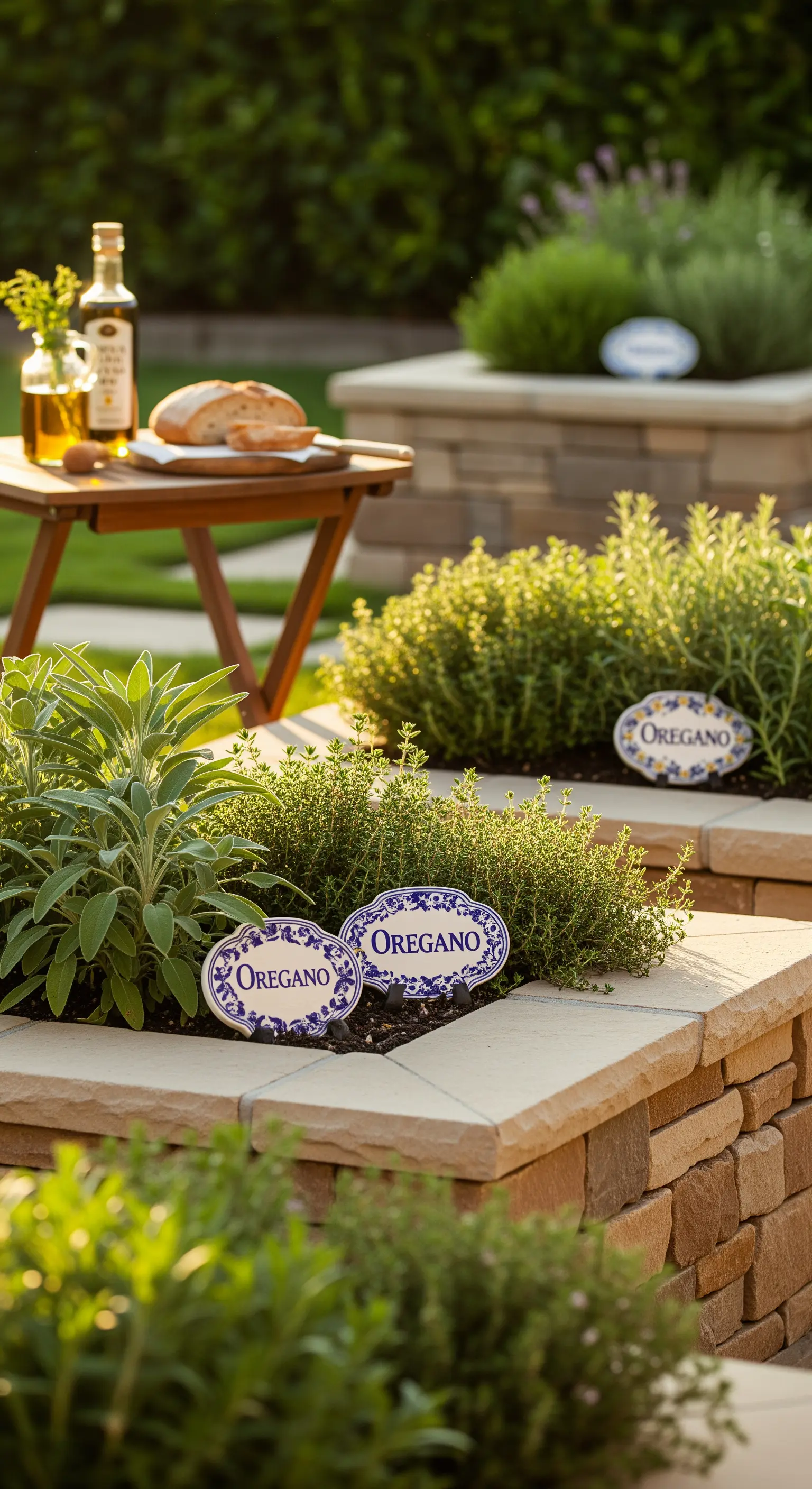 Ordentlicher Kräutergarten mit blauen Keramik-Namensschildern