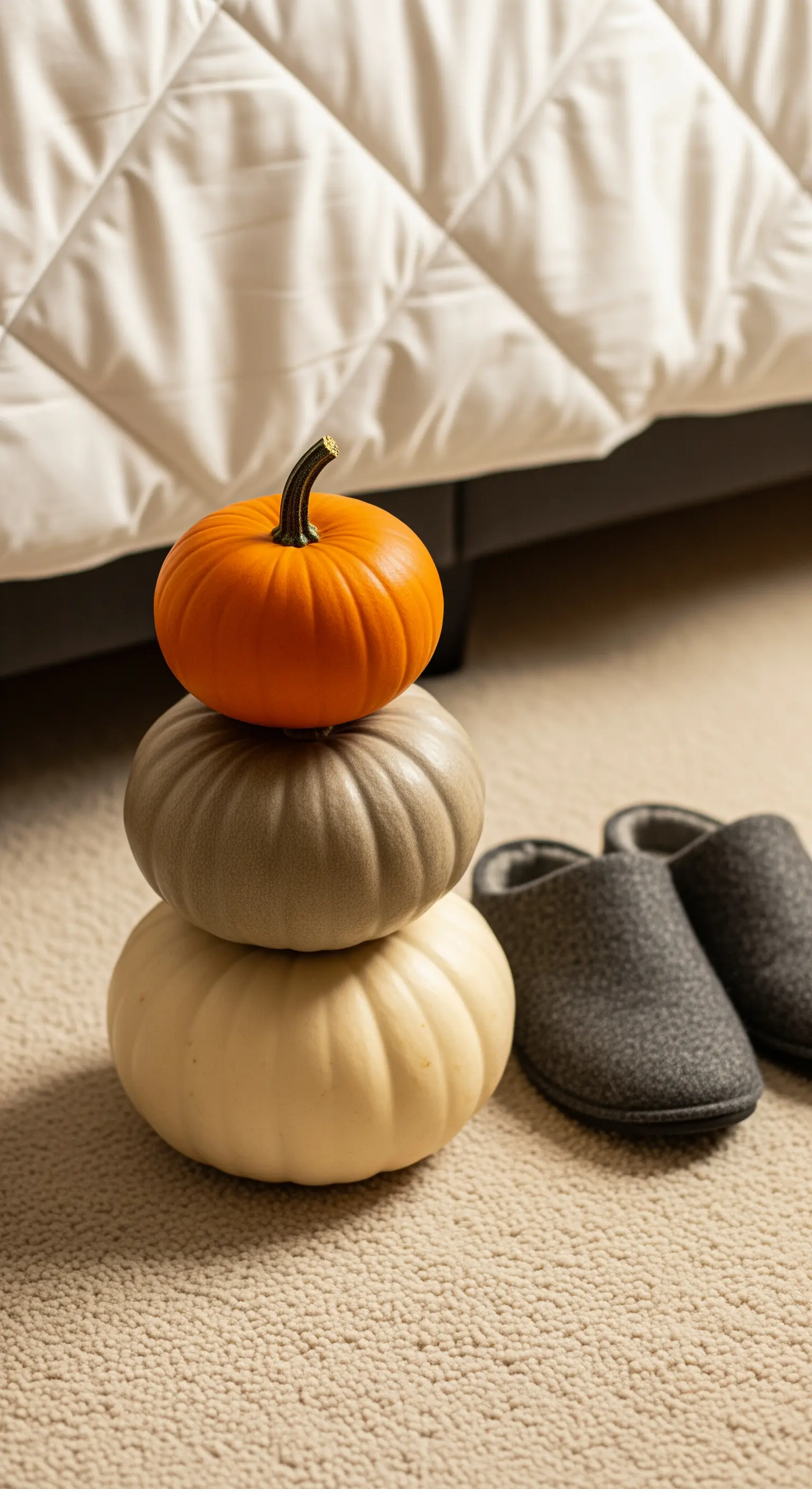 Gestapelte Zierkürbisse in Grau, Creme und Orange als Boden-Deko