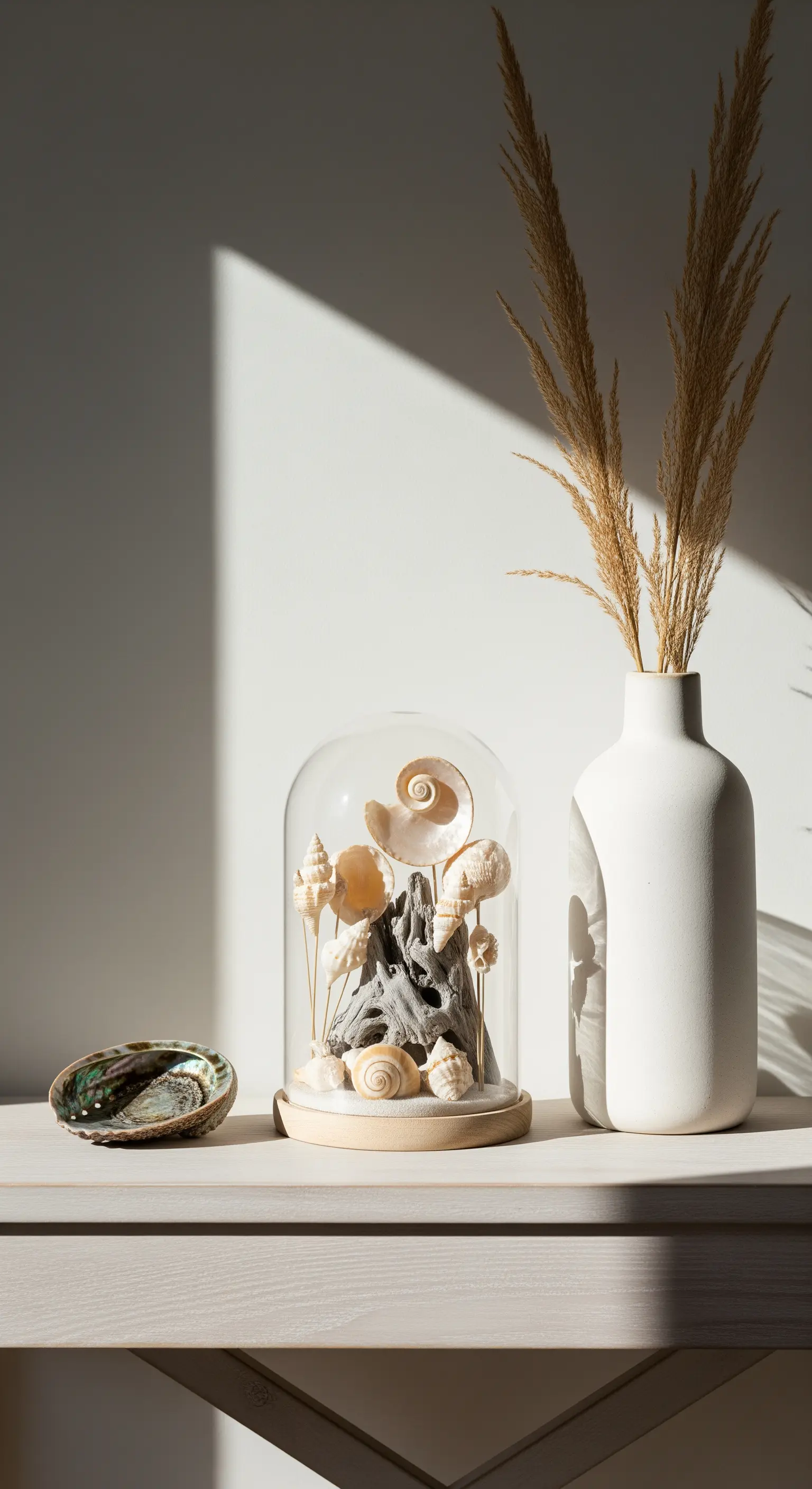 Glaskuppel mit Muscheln und Treibholz, Pampasgras und Abalone-Schale