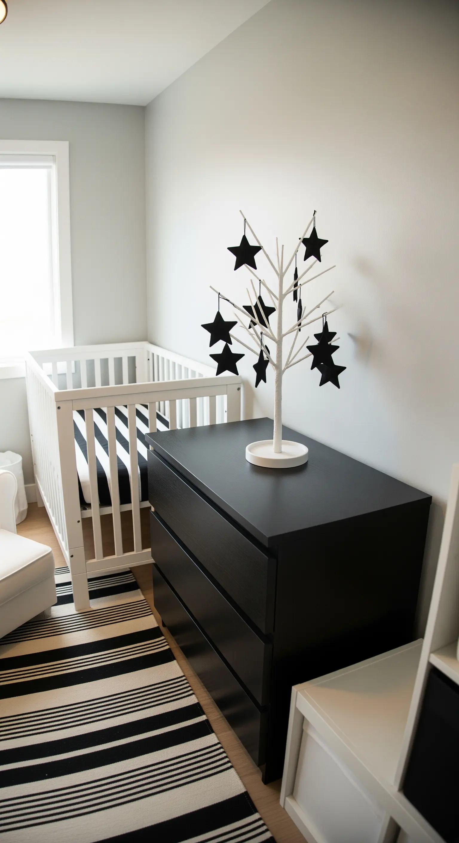 Kinderzimmer mit gestreiftem Teppich, schwarzer Kommode und Deko-Baum.
