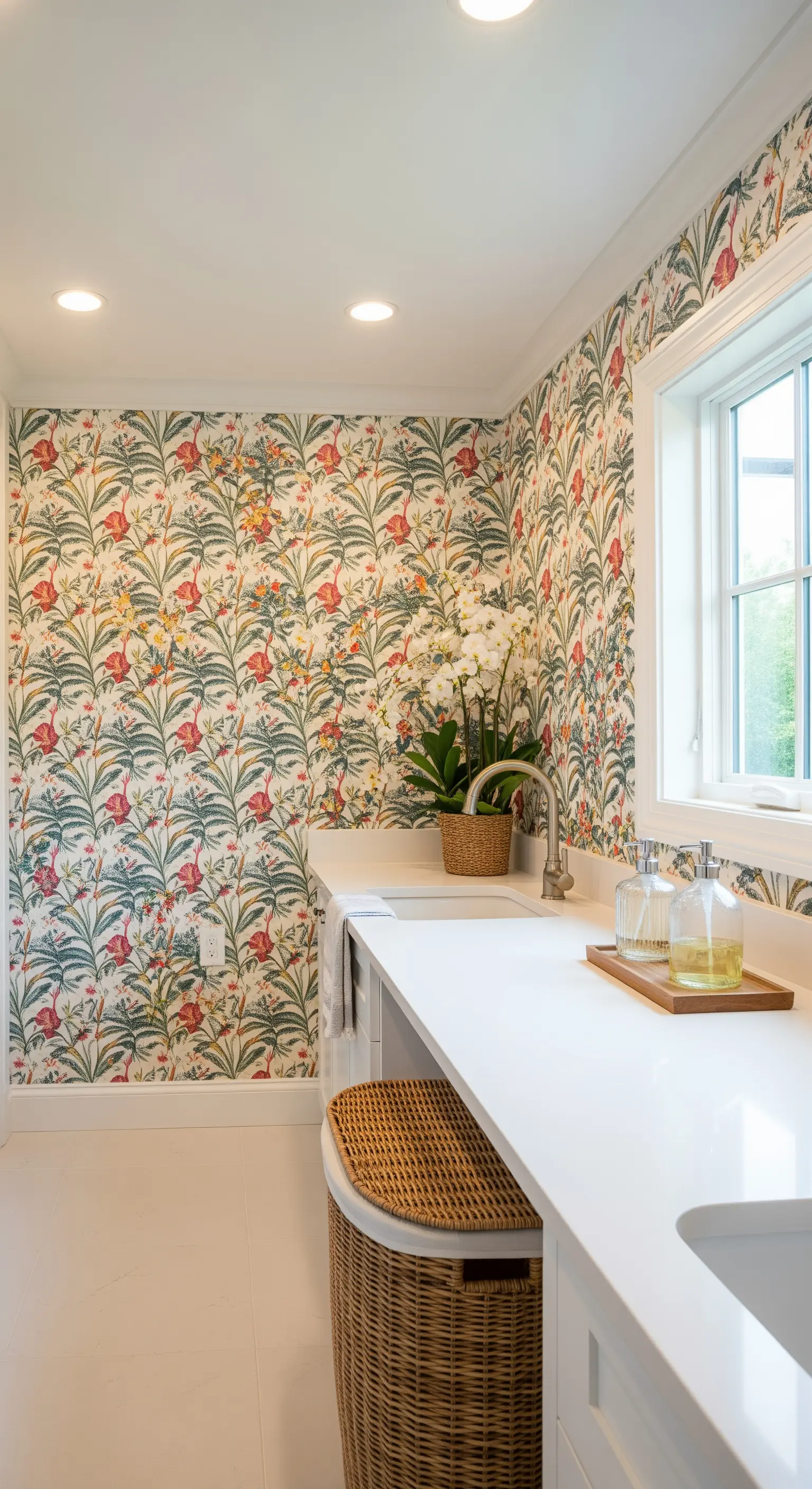 Waschküche mit bunter tropischer Tapete und Wäschekorb