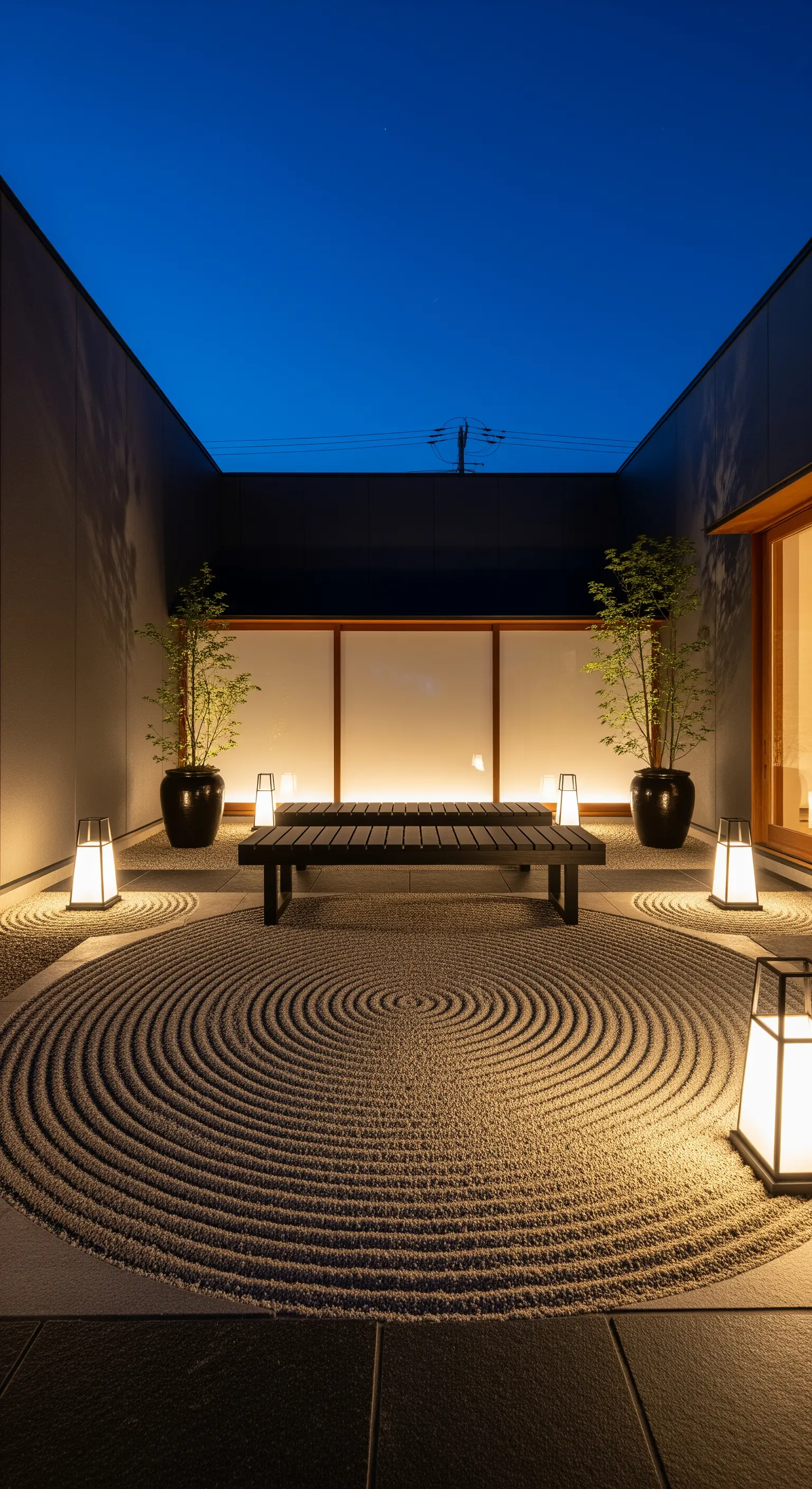 Abendlicher Zen-Garten mit geraktem Kies, Laternen und Sitzbank