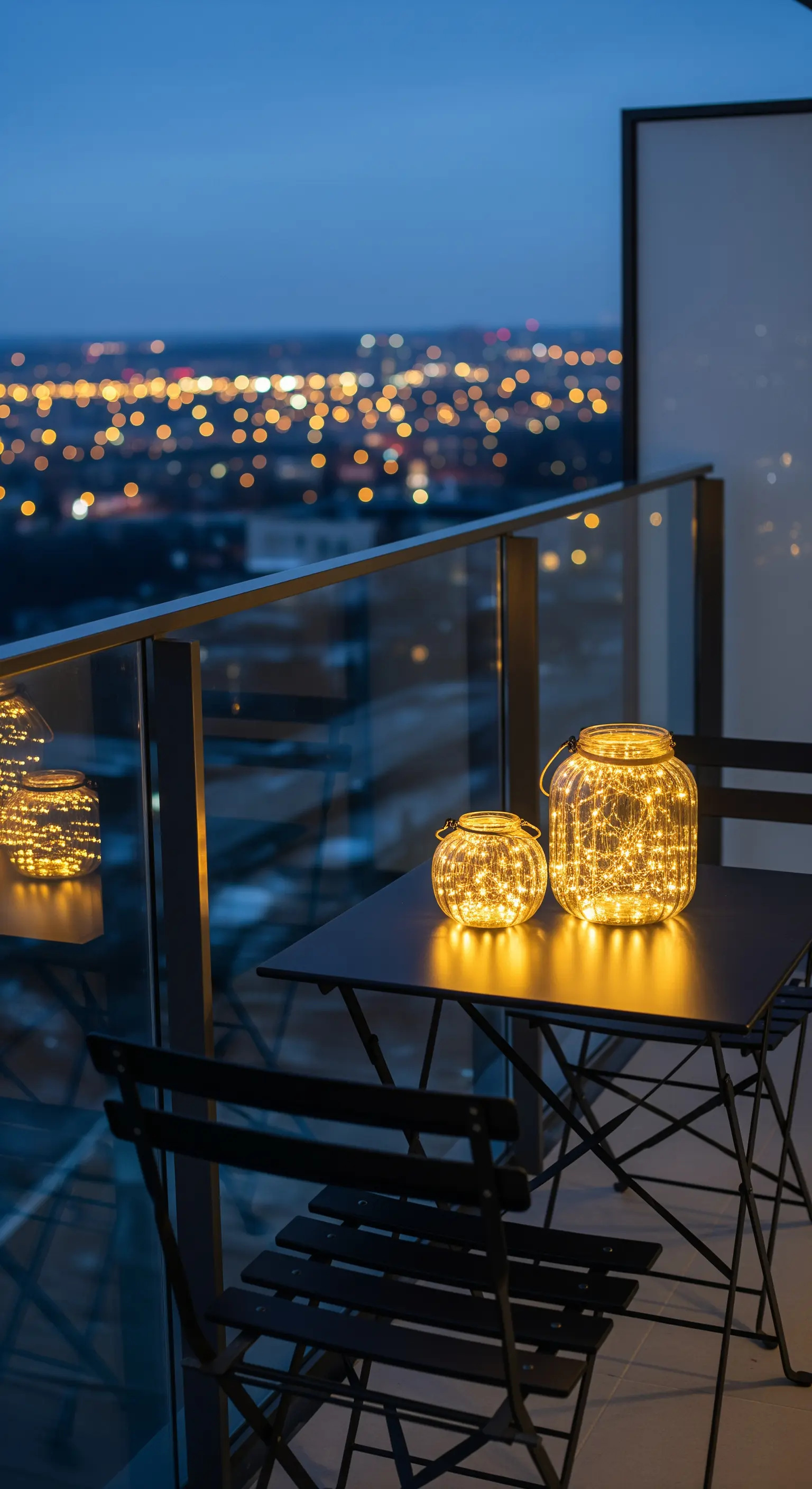 Balkontisch mit leuchtenden Lichterketten in Glasgefäßen und Stadtblick