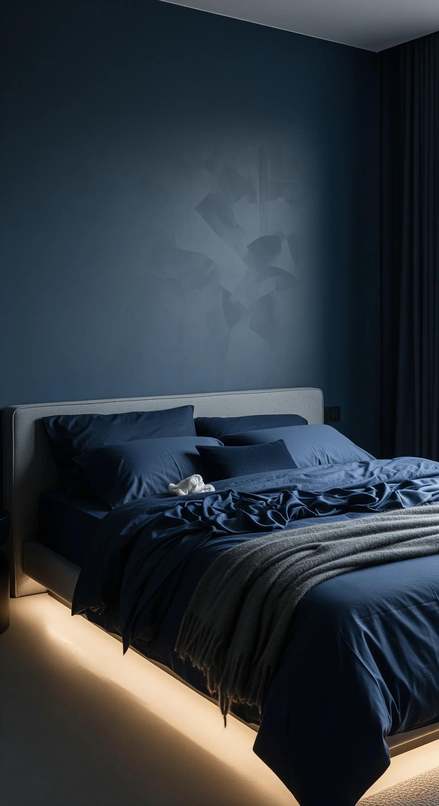 Warm beleuchtetes Bett in minimalistischem nachtblauen Schlafzimmer