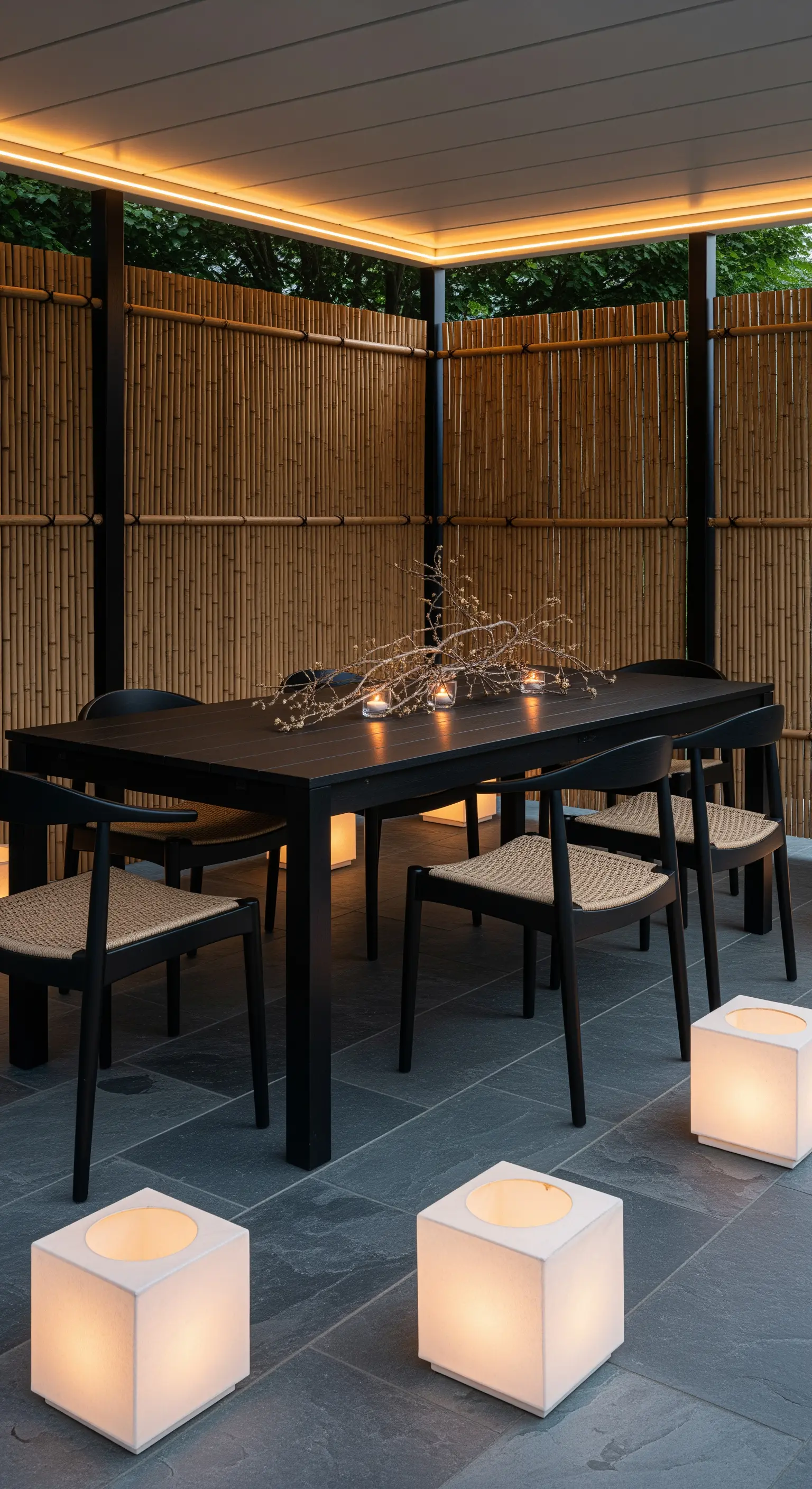 Japandi Terrasse, Bodenlichter, Bambus Sichtschutz, dunkle Möbel