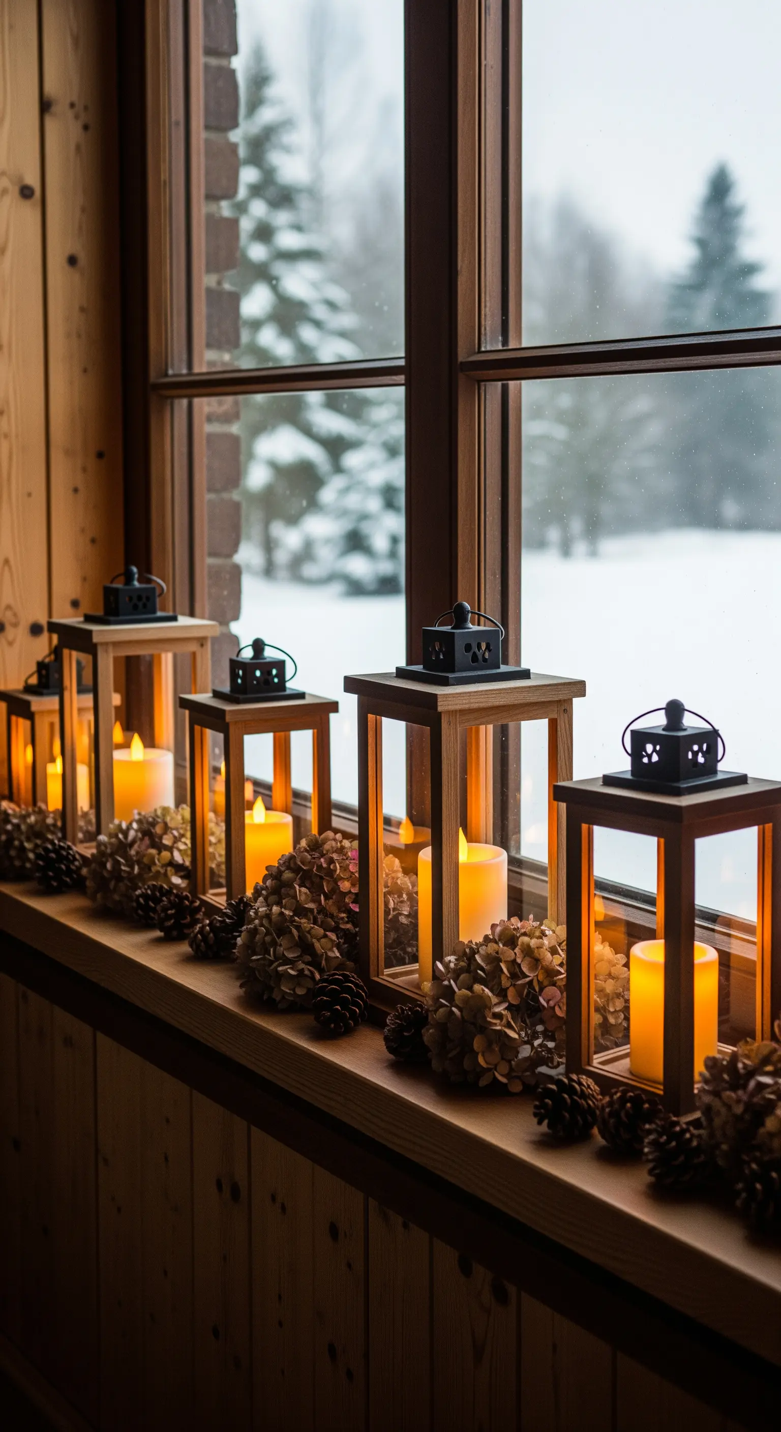 Fensterbank mit Holzlaternen, LED-Kerzen, getrockneten Hortensien und Tannenzapfen