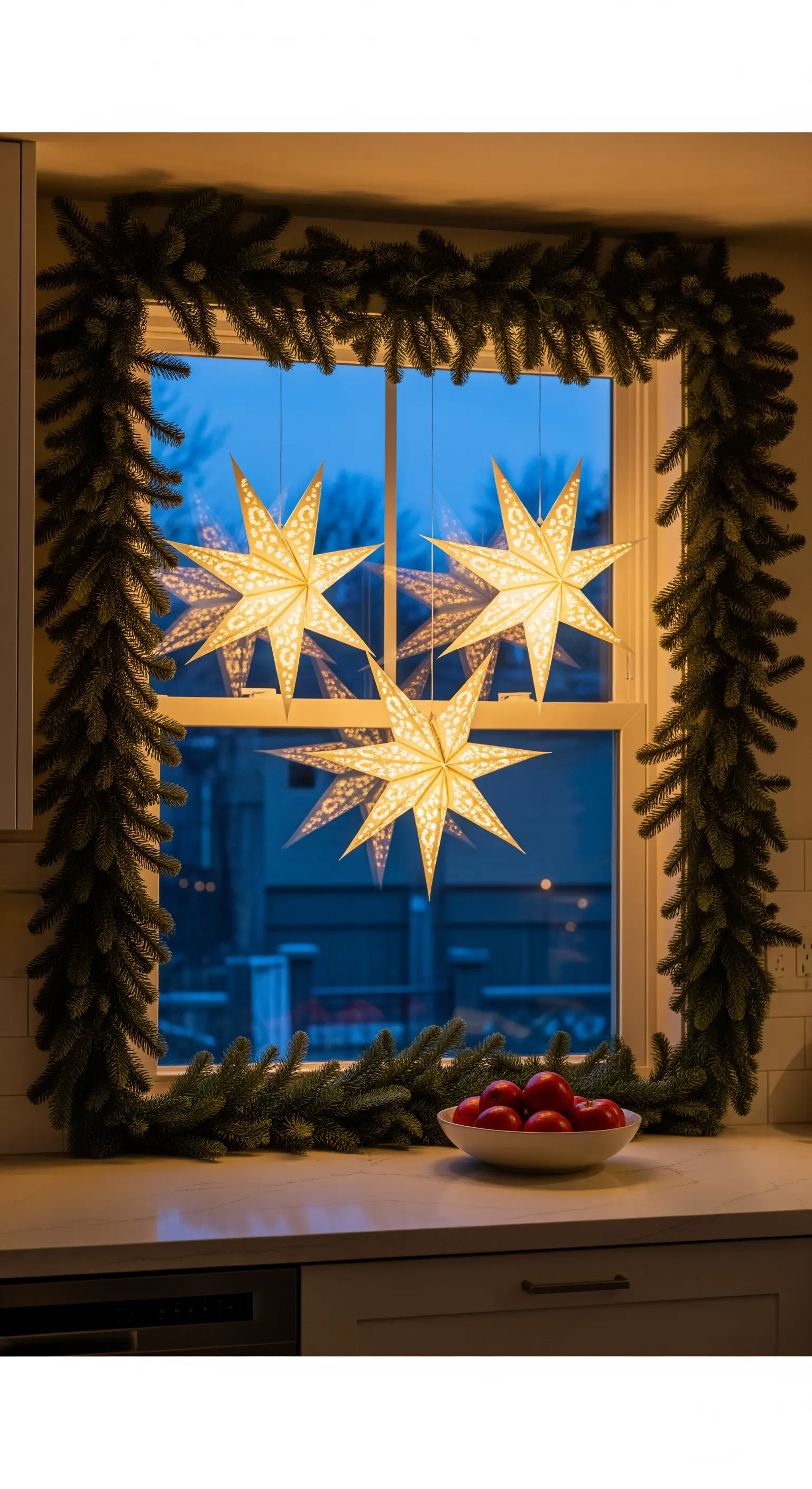 Fenster mit Tannengirlande, leuchtenden Papiersternen und einer Schale Äpfel.