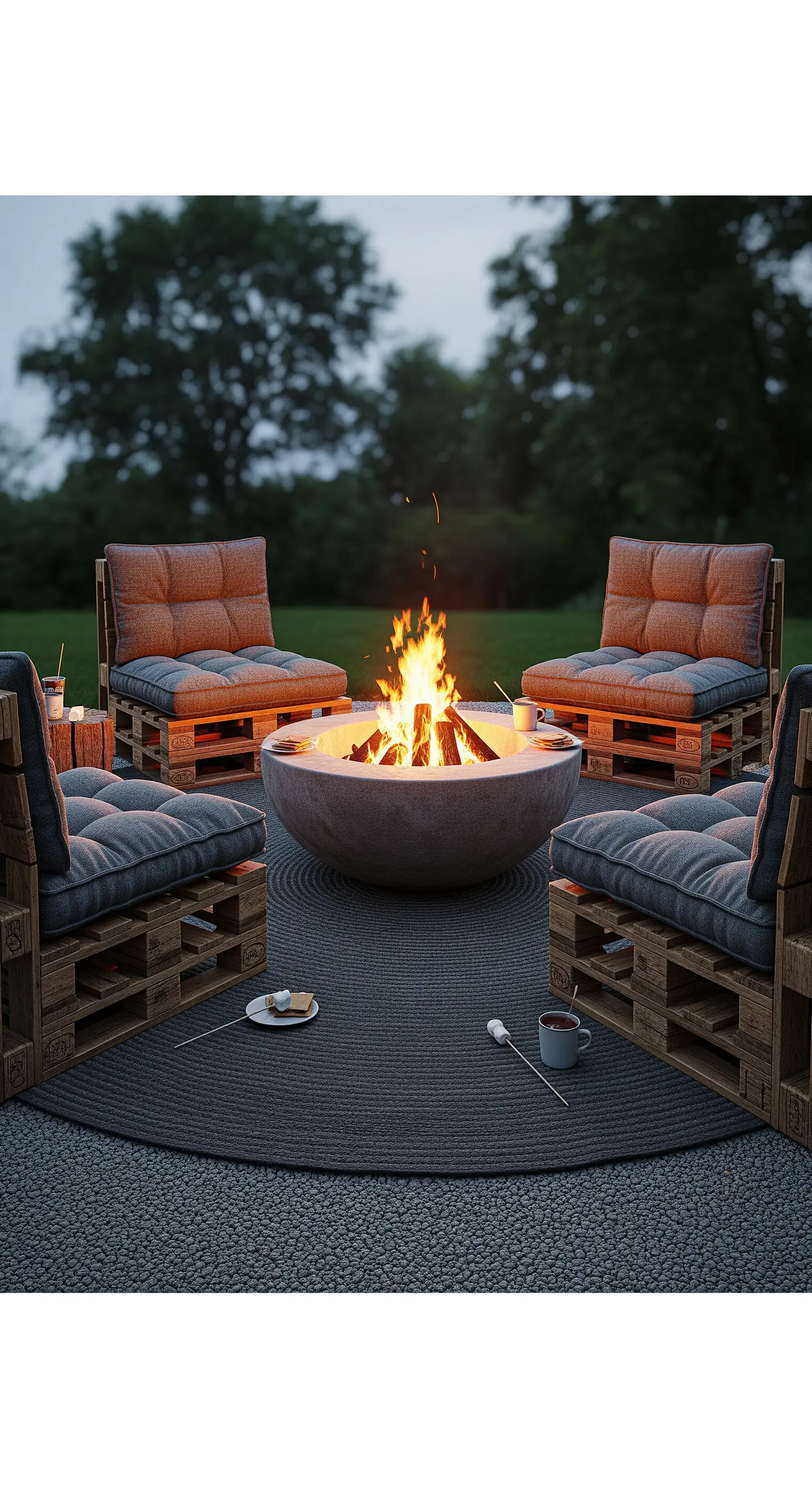 Dunkle Palettenstühle mit grauen Kissen um eine runde Feuerstelle auf einem runden Teppich.