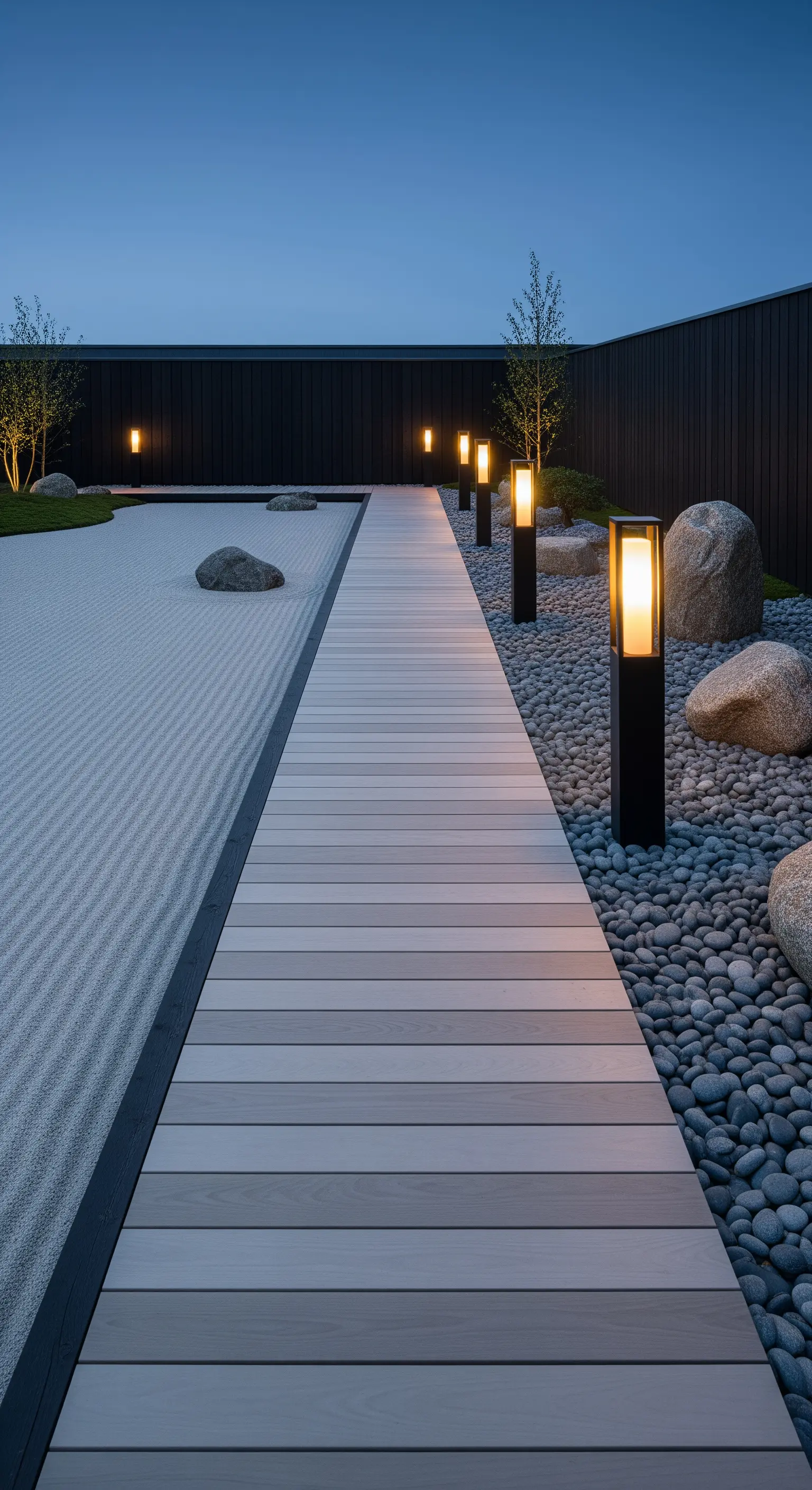 Japandi Gartenweg mit Laternenbeleuchtung und raketem Sand bei Nacht