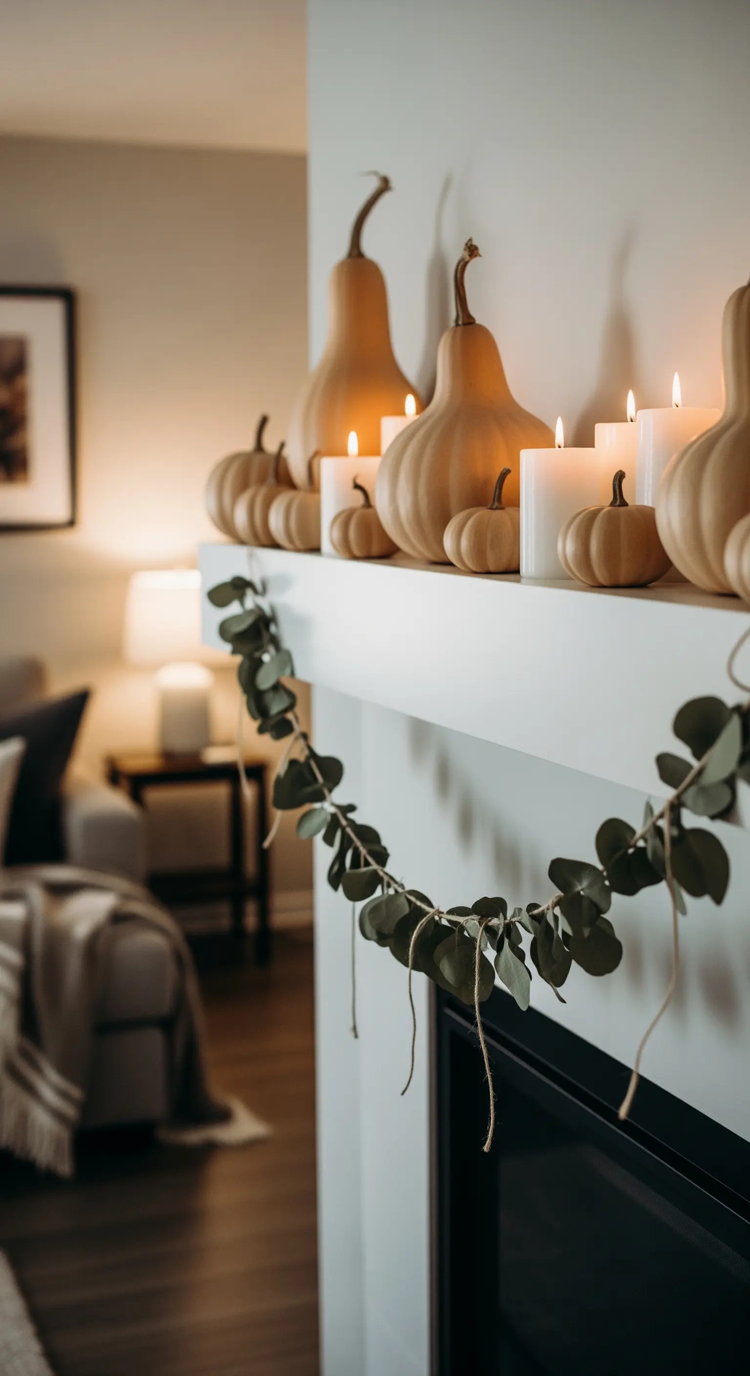 Kaminumrandung mit beigen Kürbissen, weißen Kerzen und Eukalyptusgirlande.