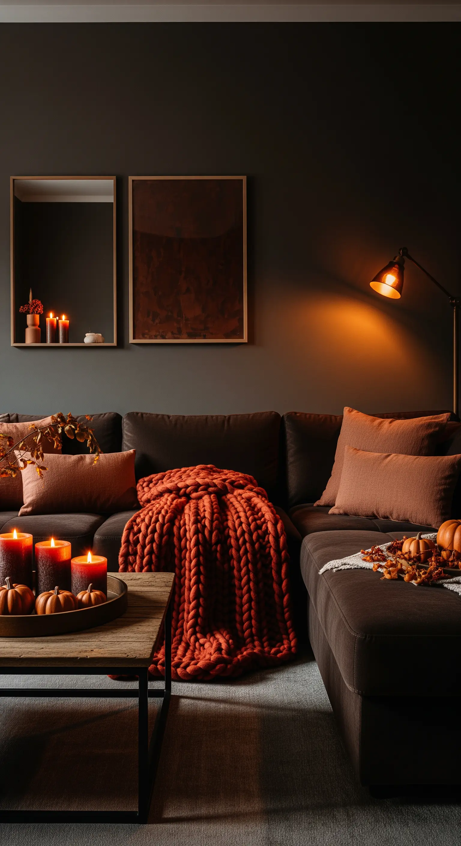 Dunkles Wohnzimmer mit Kerzenlicht und Strickdecke