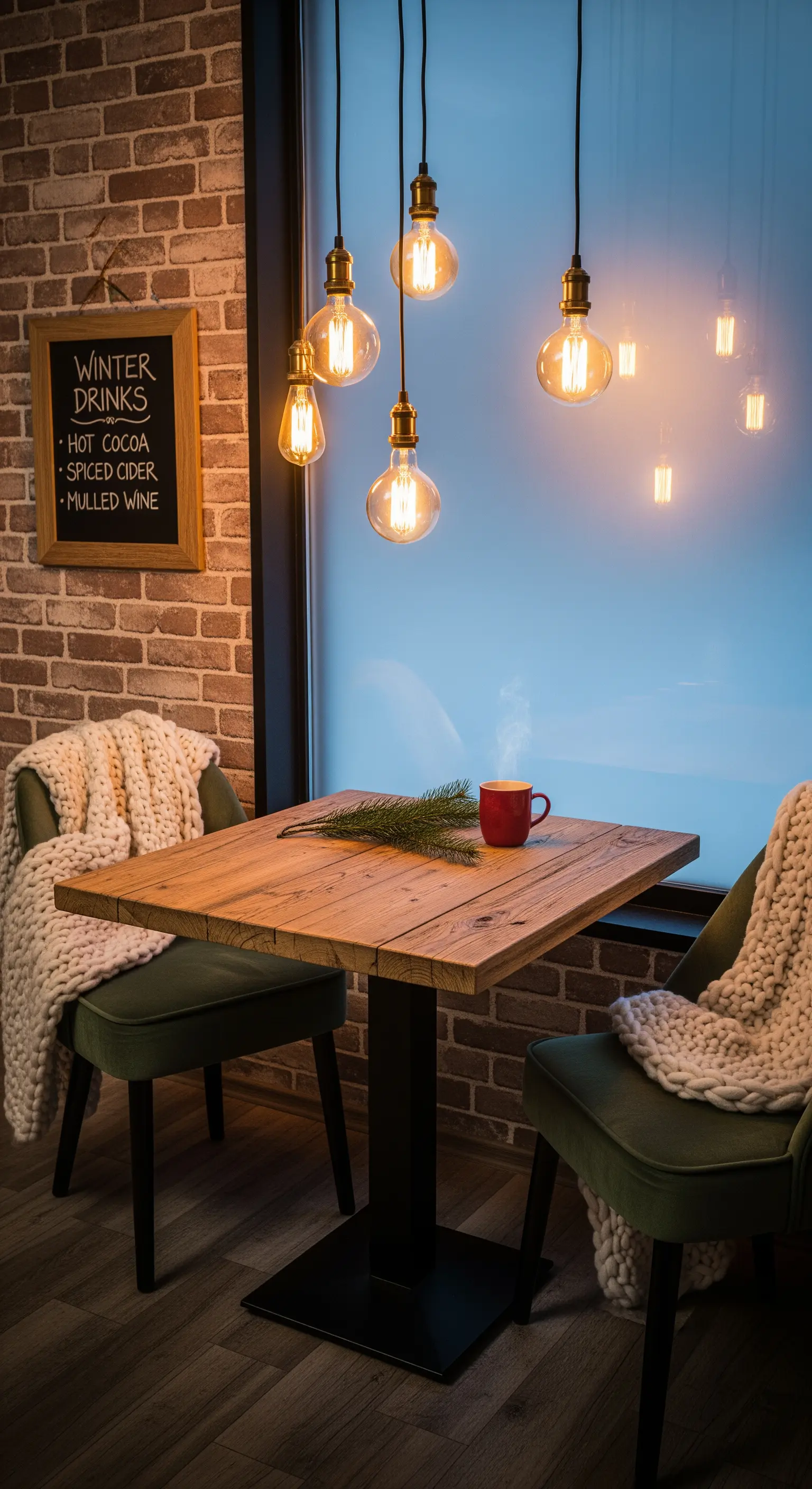 Warme Edison-Glühbirnen über einem Holztisch mit Schaffellen