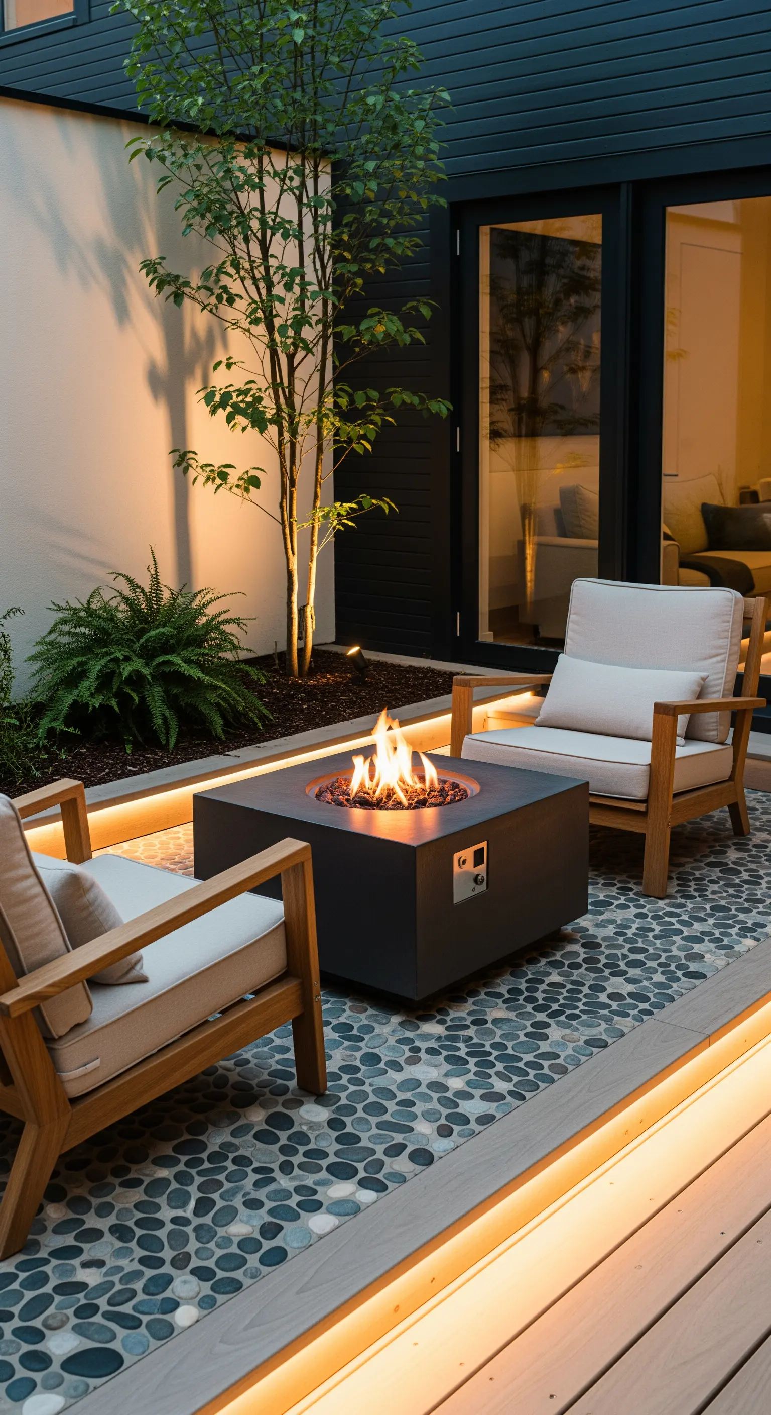 Japandi Lounge mit Feuerstelle, Holzdeck, Kieselsteinen und indirekter Beleuchtung