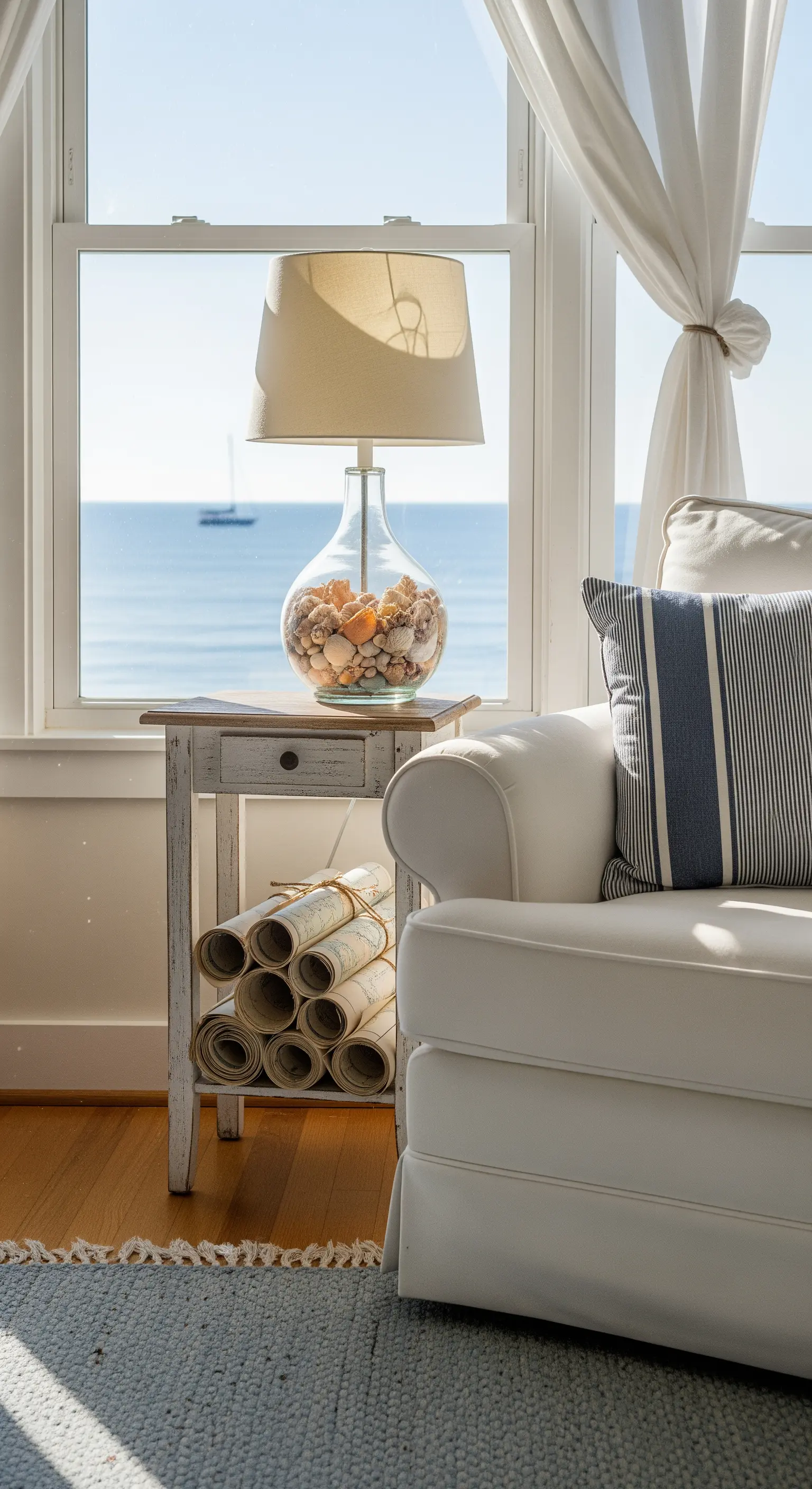 Lampe mit Muschelfuß am Fenster mit Meerblick, maritime Beistelltischdeko