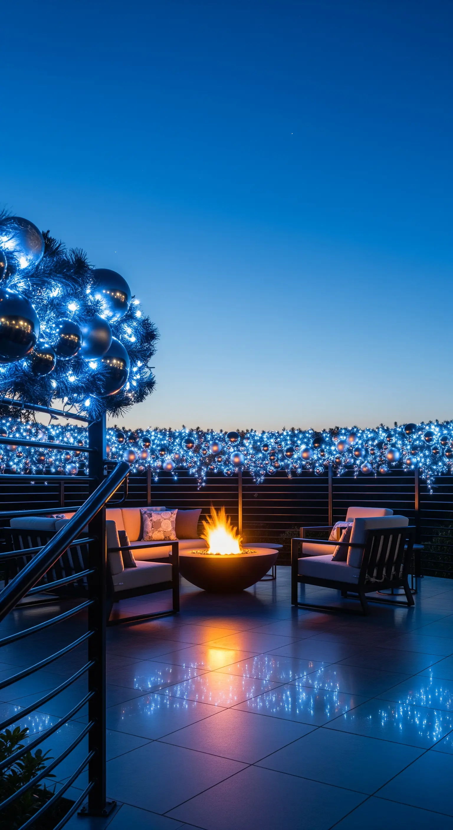Balkon mit blauer Lichtergirlande und metallicfarbenen Kugeln, Feuerstelle im Vordergrund