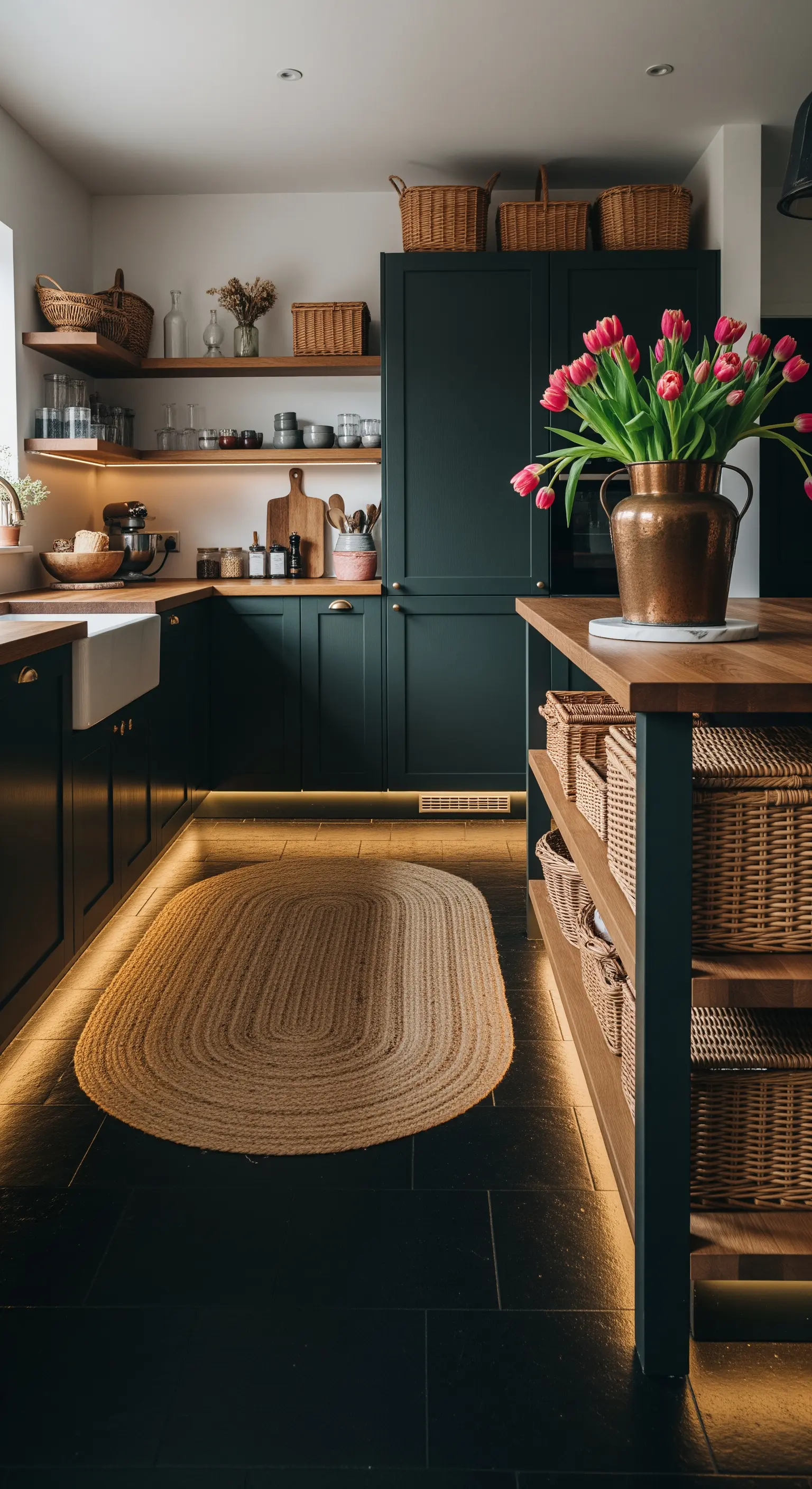 Dunkelgrüne Küche mit Jute-Teppich, Körben, indirekter Beleuchtung und Tulpen